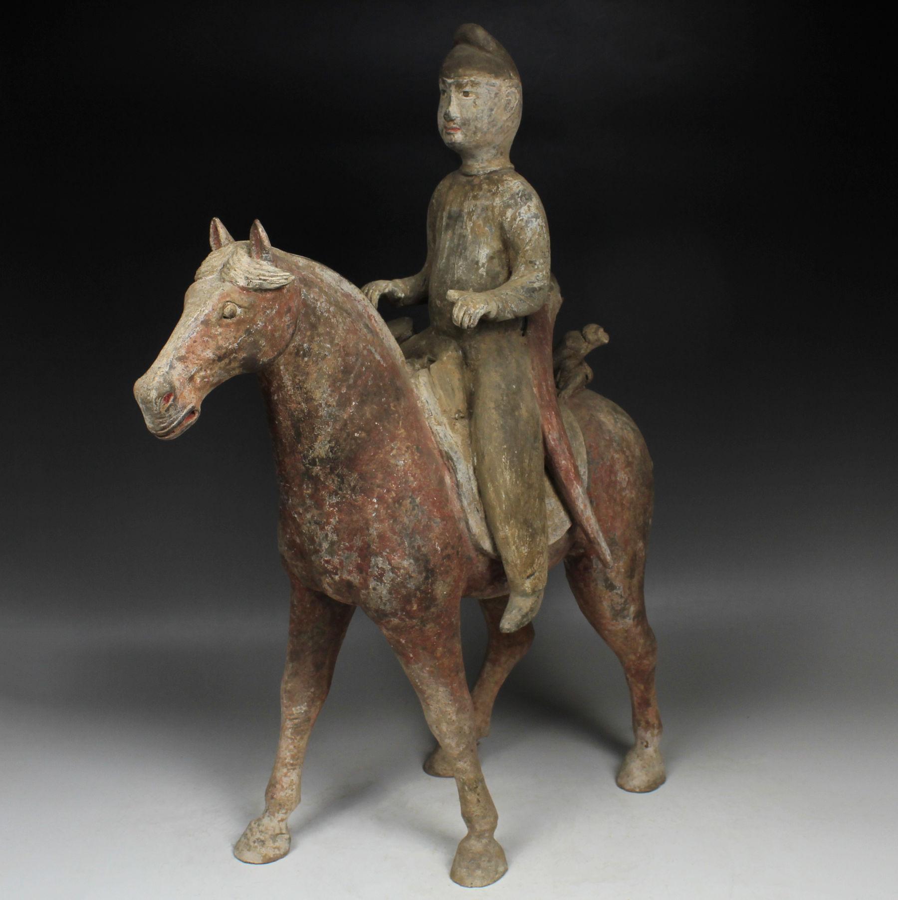 18th Century and Earlier Chinese statuette of a horse with rider For Sale