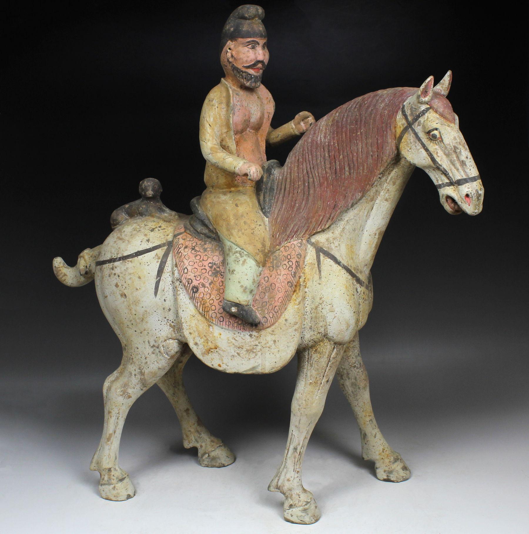 ITEM: Statuette of a Sogdian rider
MATERIAL: Pottery
CULTURE: Chinese, Tang Dynasty
PERIOD: 618 – 907 A.D
DIMENSIONS: 560 mm x 510 mm x 175 mm
CONDITION: Good condition. Includes Thermoluminescence test by Laboratory Kotalla (Reference