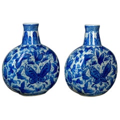 Chinese Stem Vases, Circular Bowls, Narrow Necks, Blue and White Butterfly, Pair
