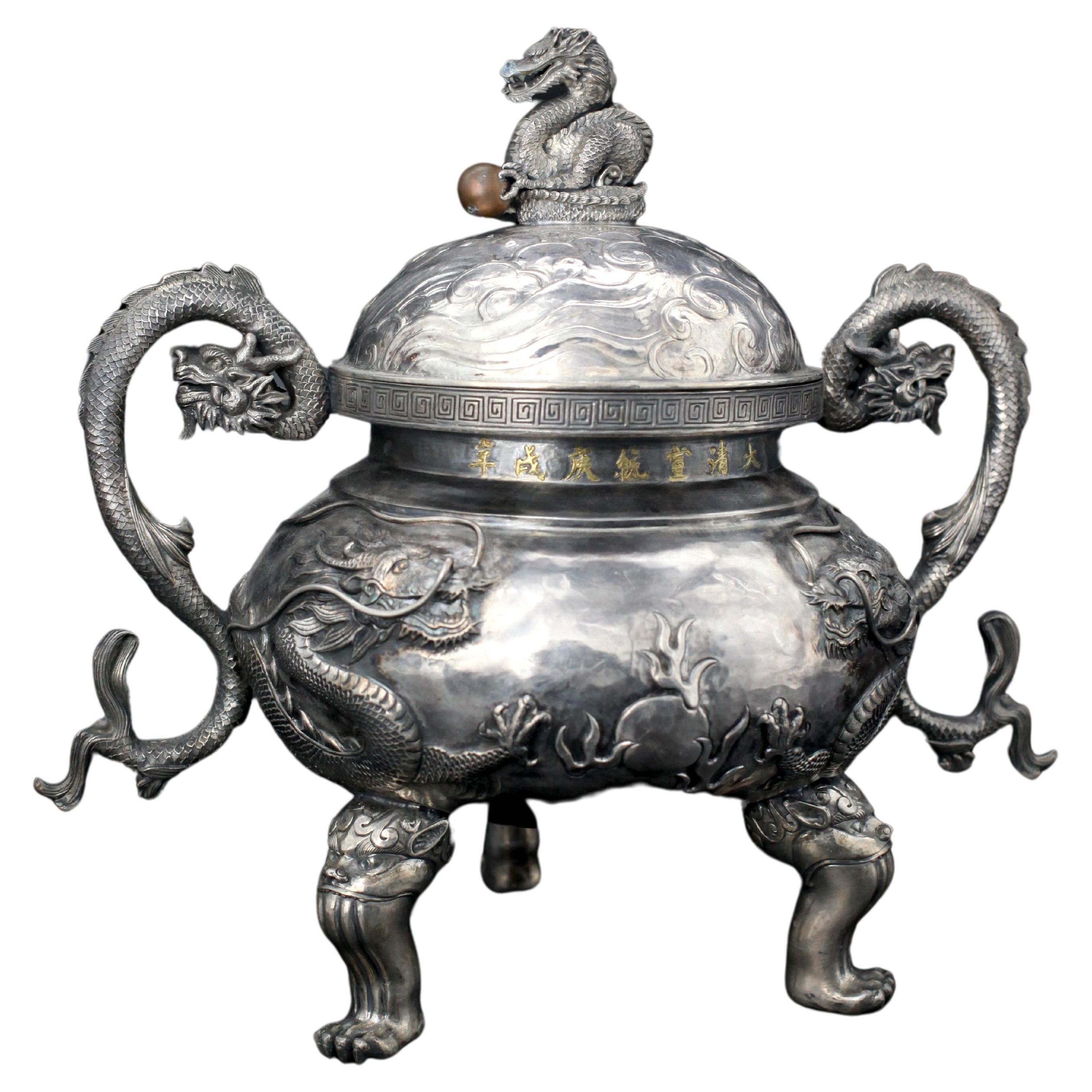 Chinese Sterling Dragon Incense Burner-form Urn