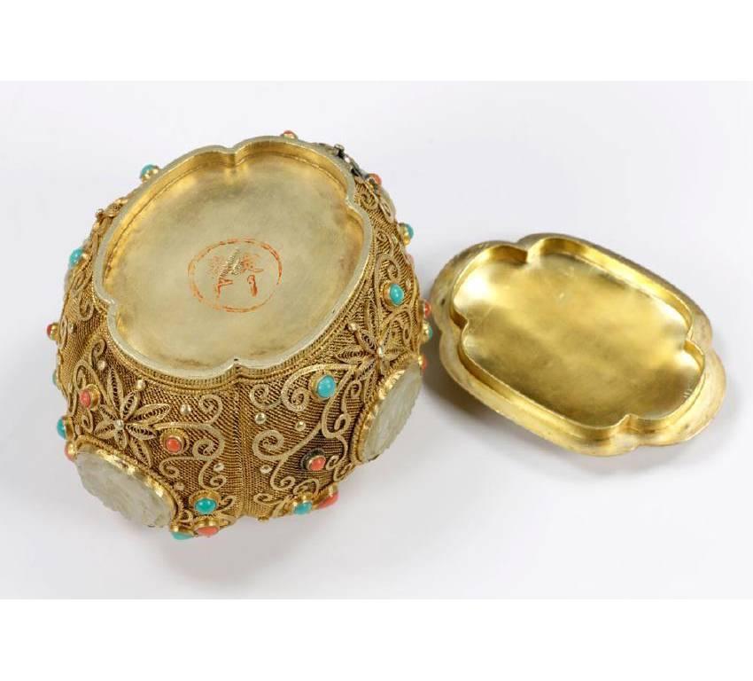 Chinesische Sterling Silber vergoldet Filigran bedeckt Box mit geschnitzter Jade 3