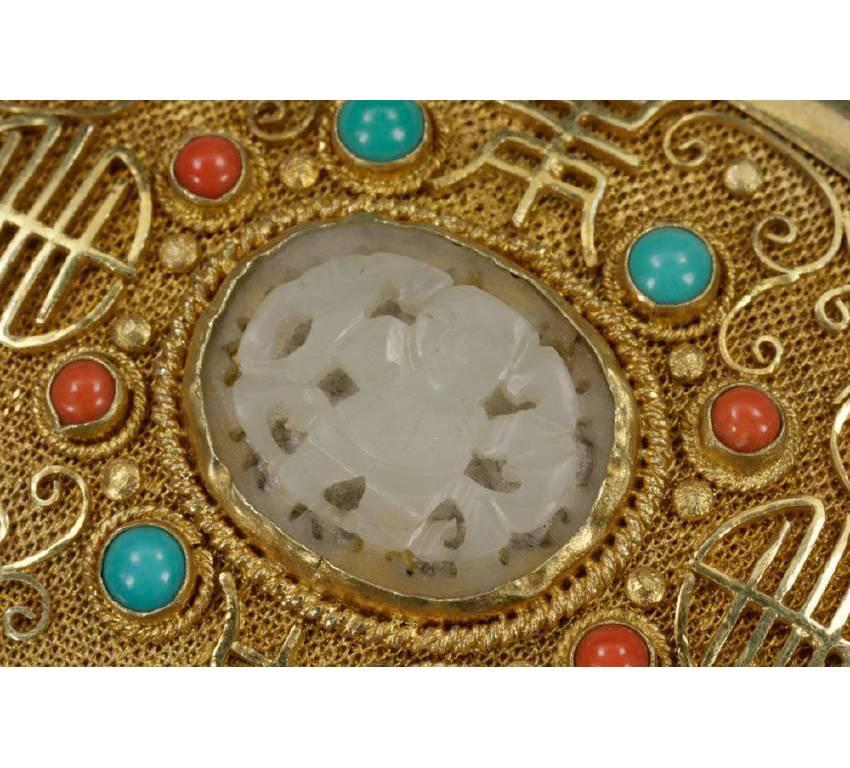 Chinesische Sterling Silber vergoldet Filigran bedeckt Box mit geschnitzter Jade 4
