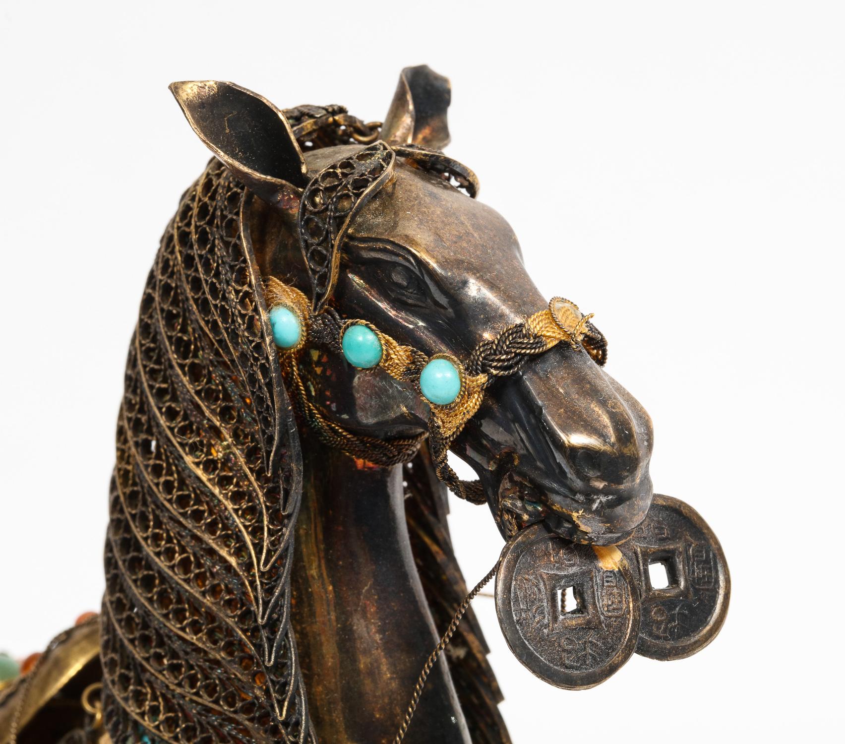 Chinese Sterling Silver Horse with Applied Jewels and Turquoise on Wood Stand 5