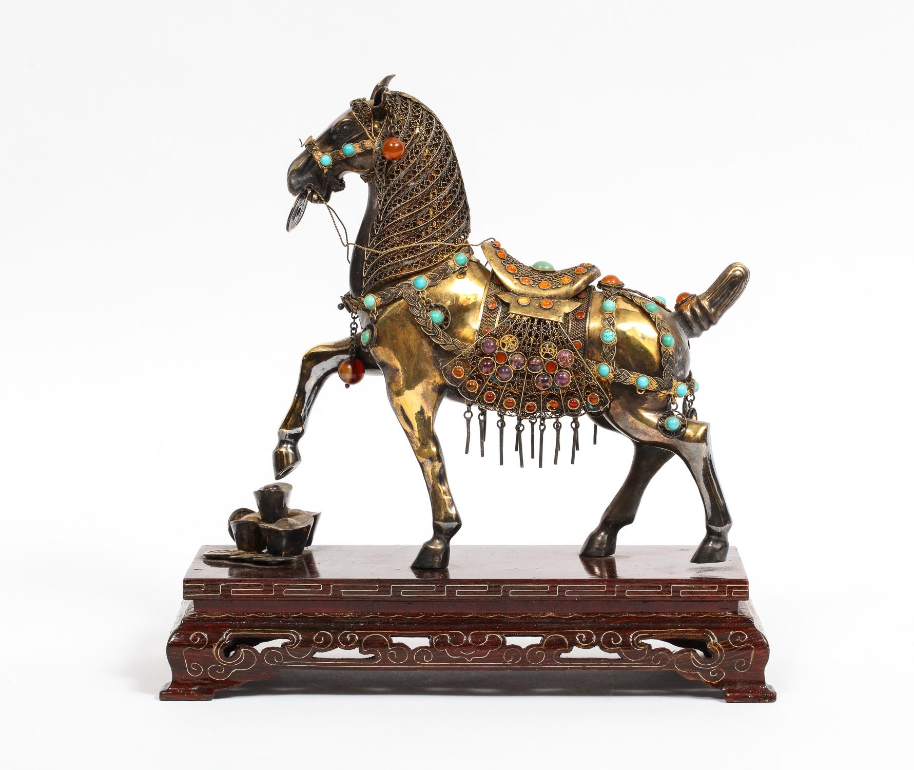 Chinese Export Chinese Sterling Silver Horse with Applied Jewels and Turquoise on Wood Stand