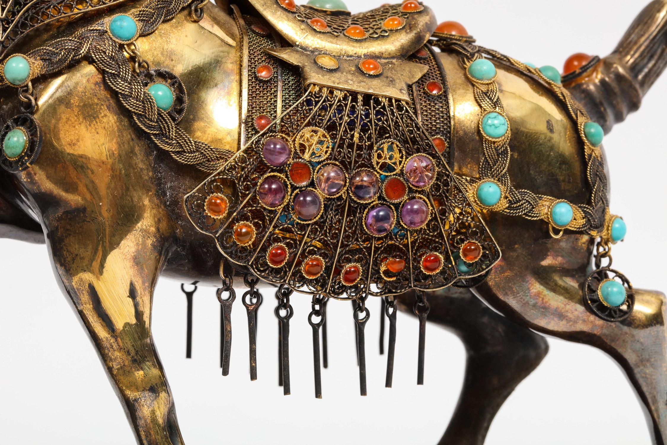 Chinese Sterling Silver Horse with Applied Jewels and Turquoise on Wood Stand In Good Condition In New York, NY