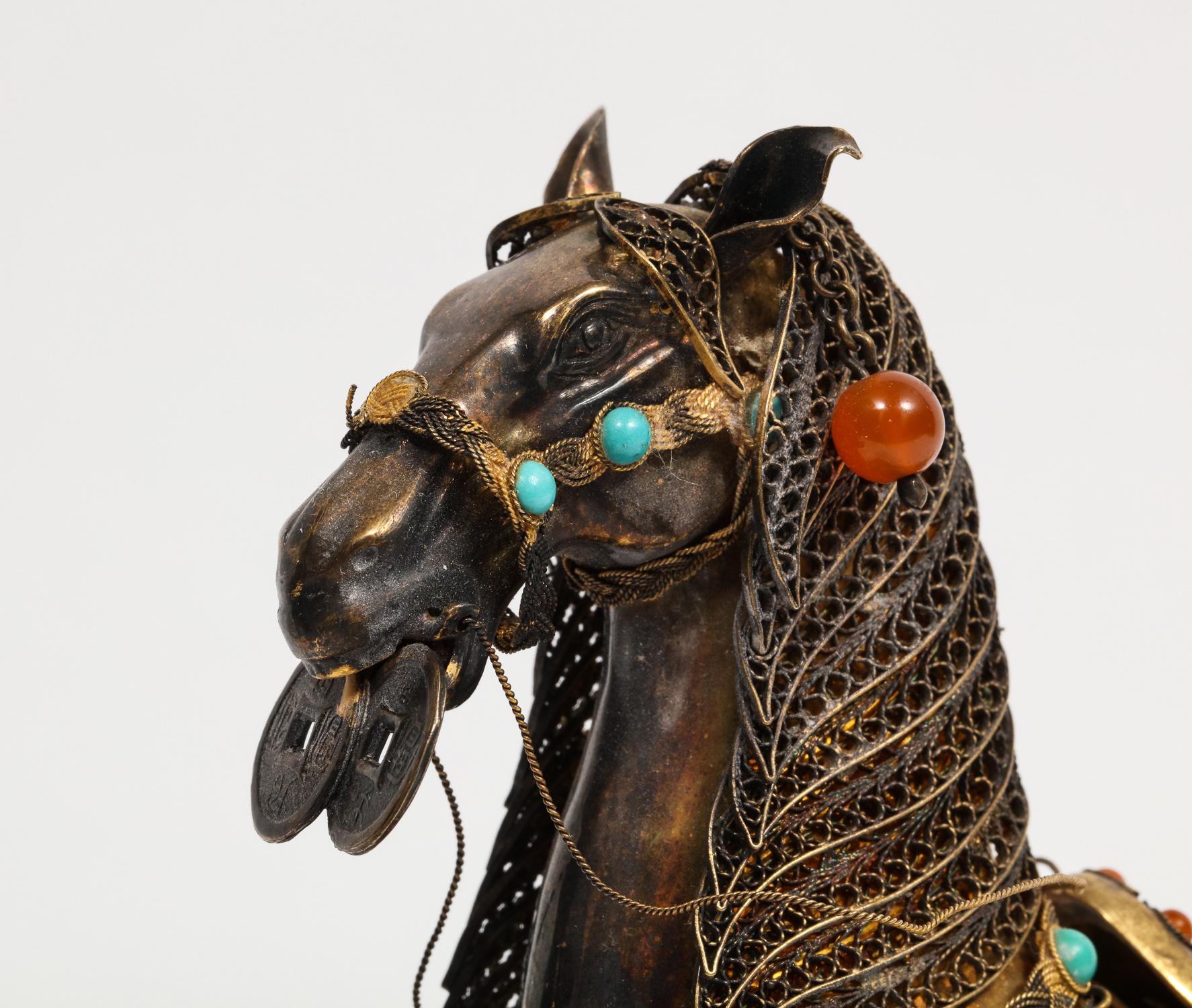 20th Century Chinese Sterling Silver Horse with Applied Jewels and Turquoise on Wood Stand