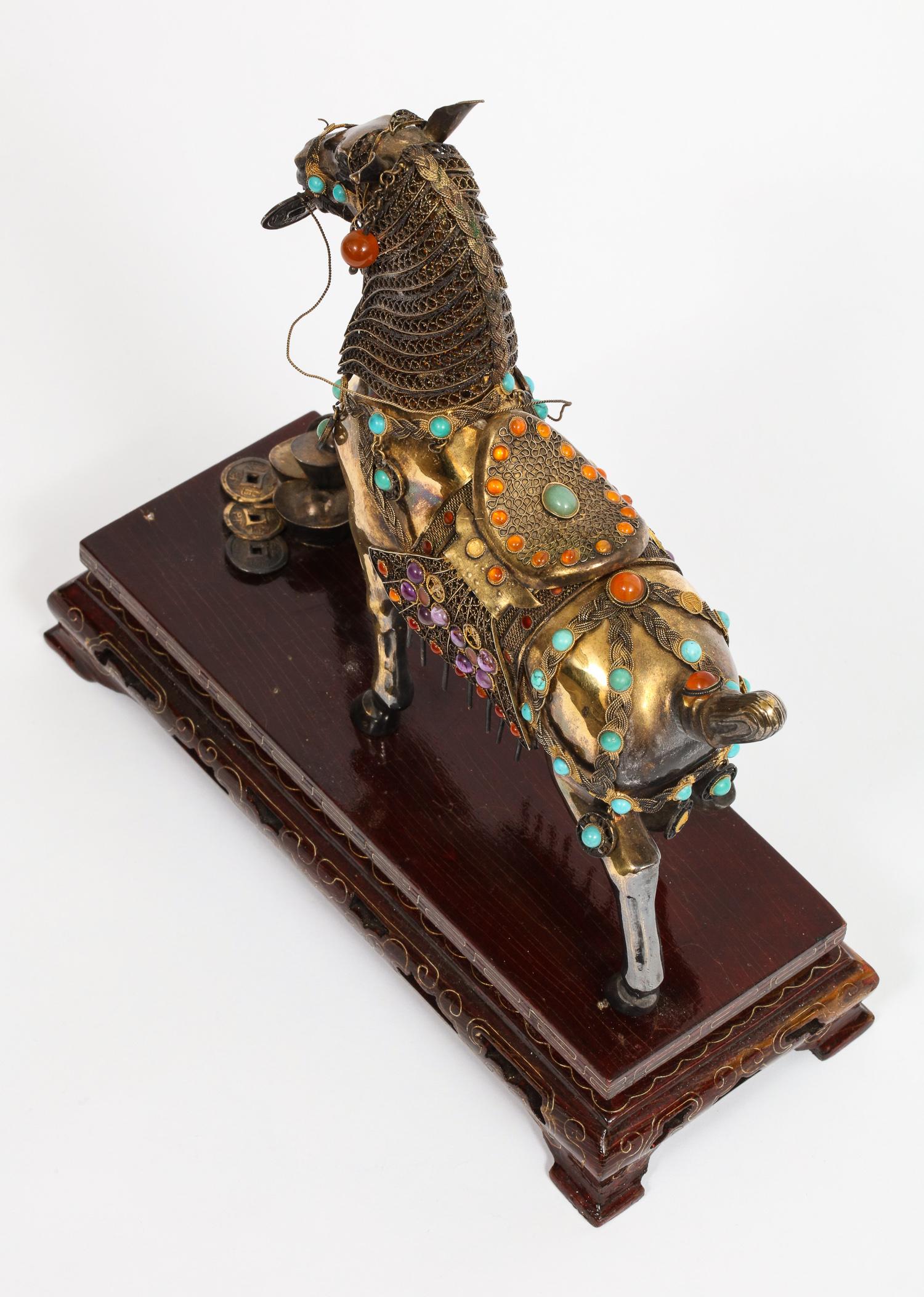 Chinese Sterling Silver Horse with Applied Jewels and Turquoise on Wood Stand 2