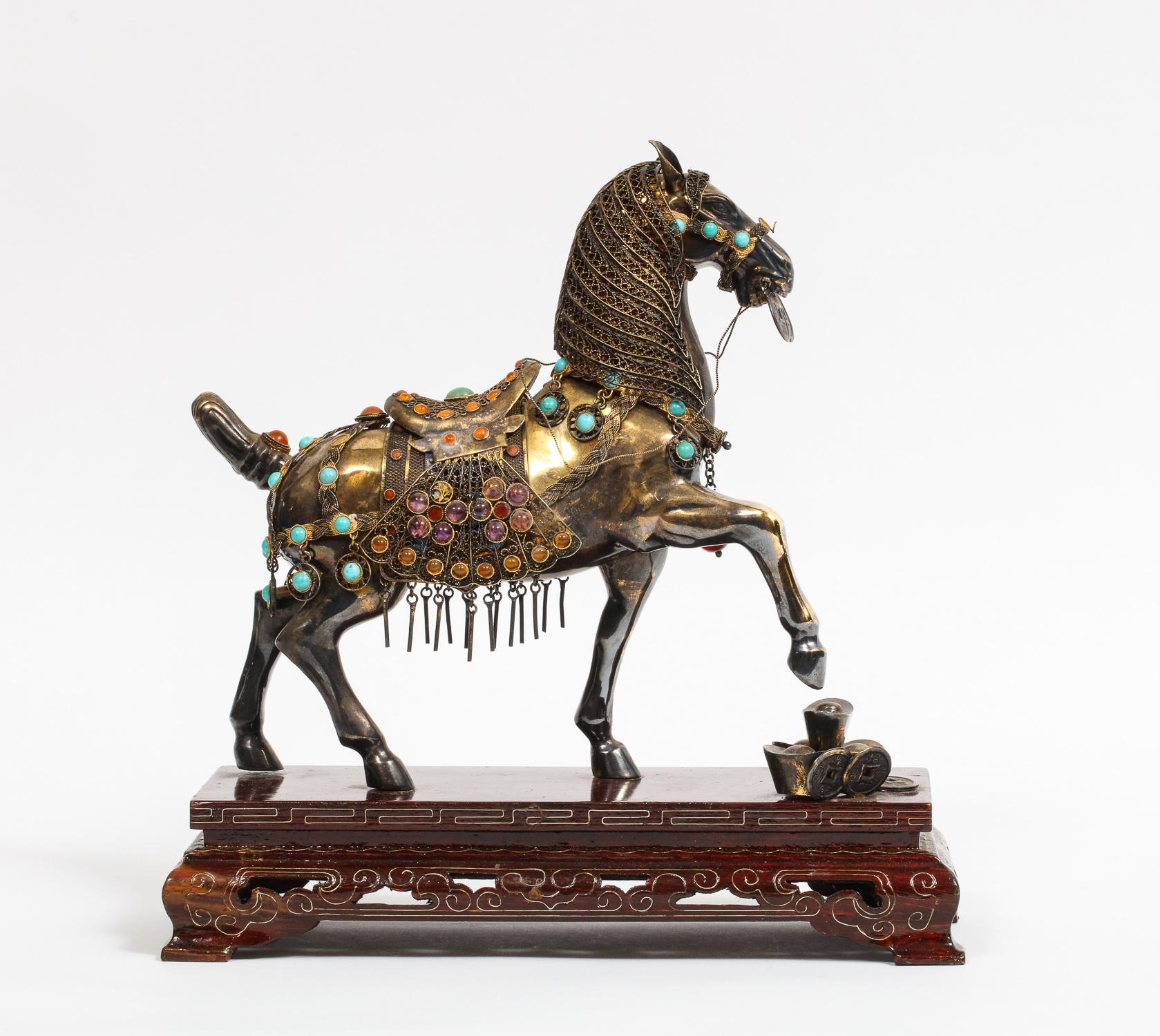 Chinese Sterling Silver Horse with Applied Jewels and Turquoise on Wood Stand 3