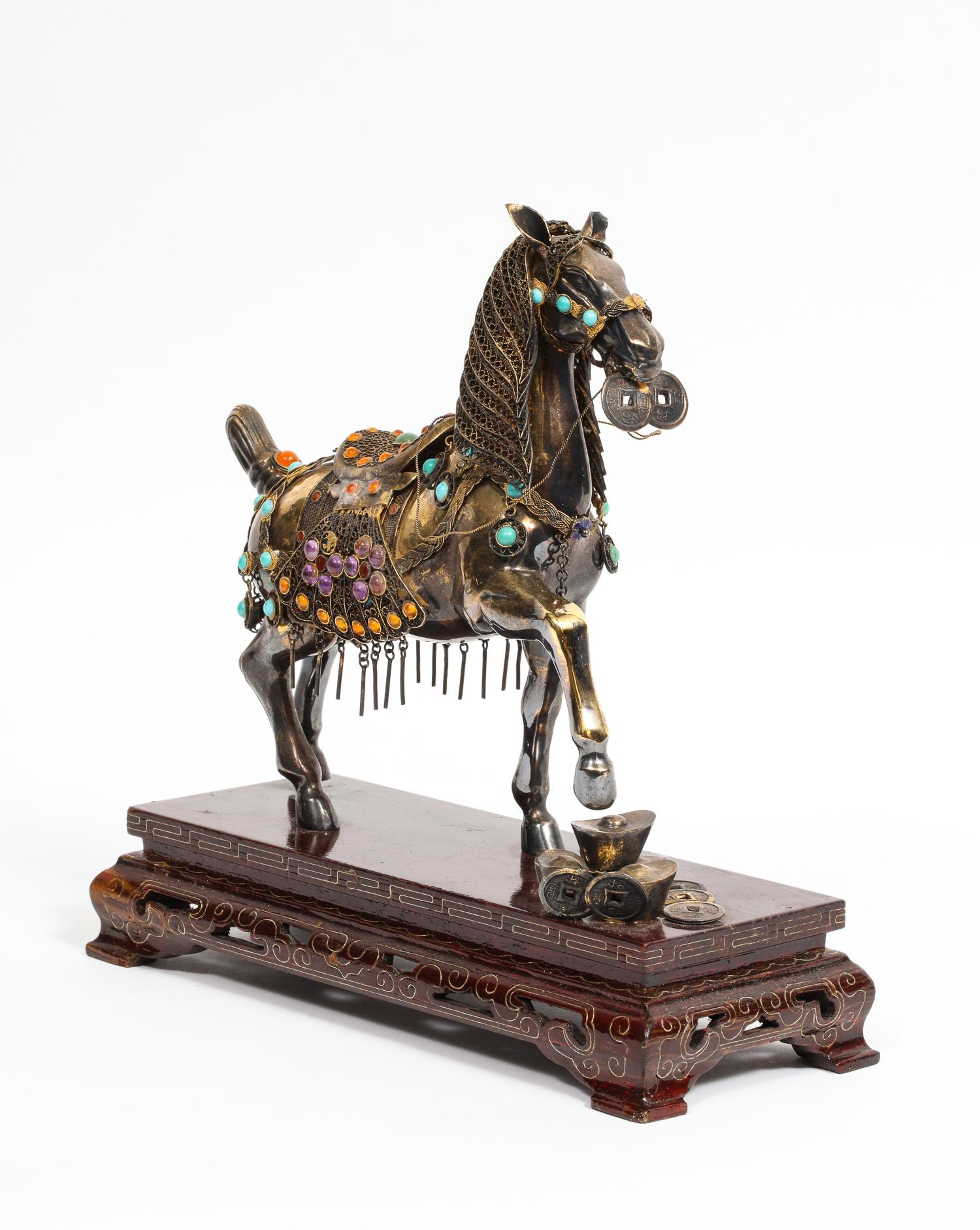 Chinese Sterling Silver Horse with Applied Jewels and Turquoise on Wood Stand 4