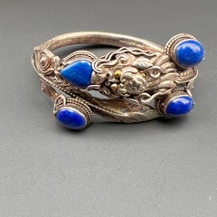 Chinese Sterling silver Lapis Dragon Hinged  Bangle Bracelet
