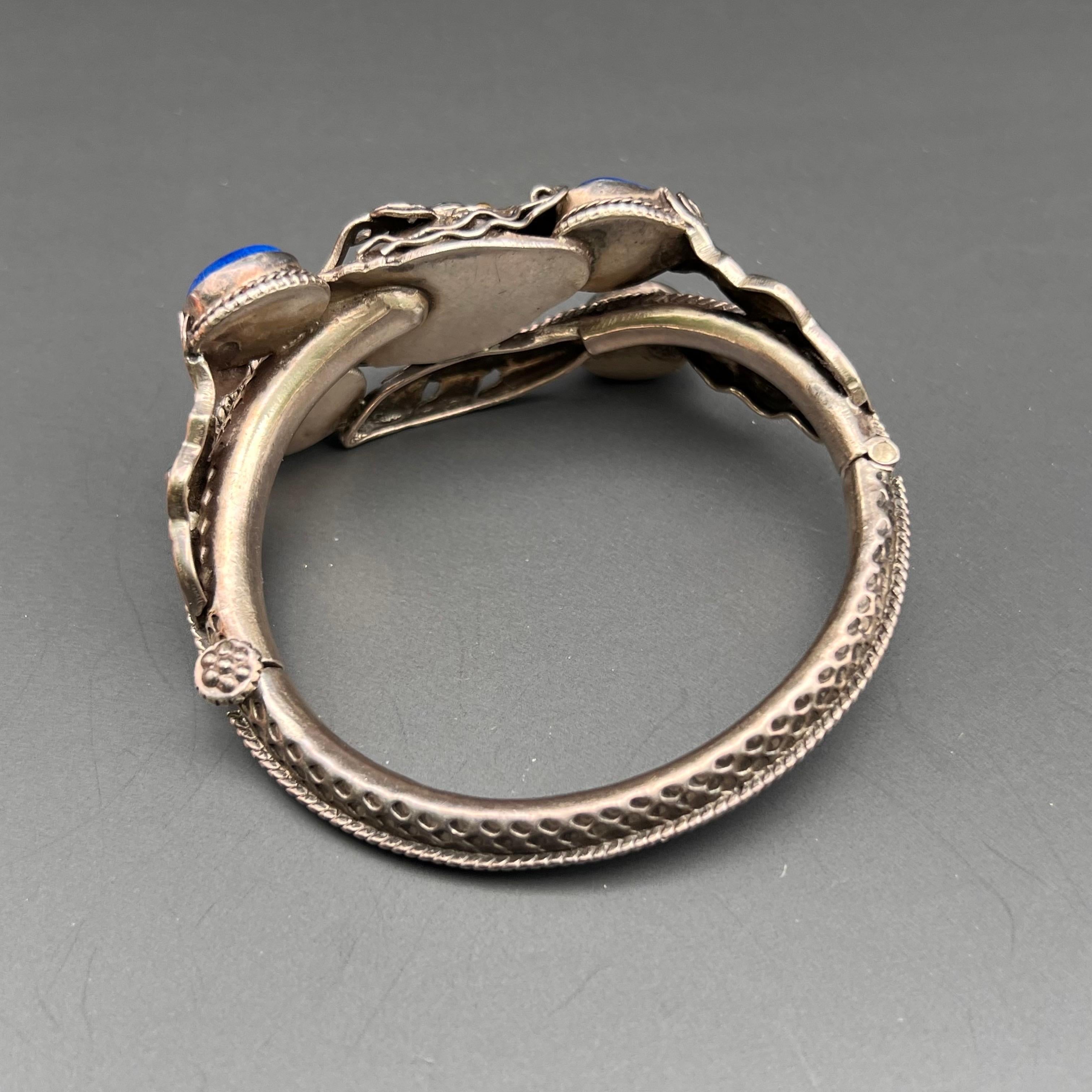 Chinesisch Sterling Silber Lapis Drache Scharnier  Armreif-Armband (Ovalschliff) im Angebot