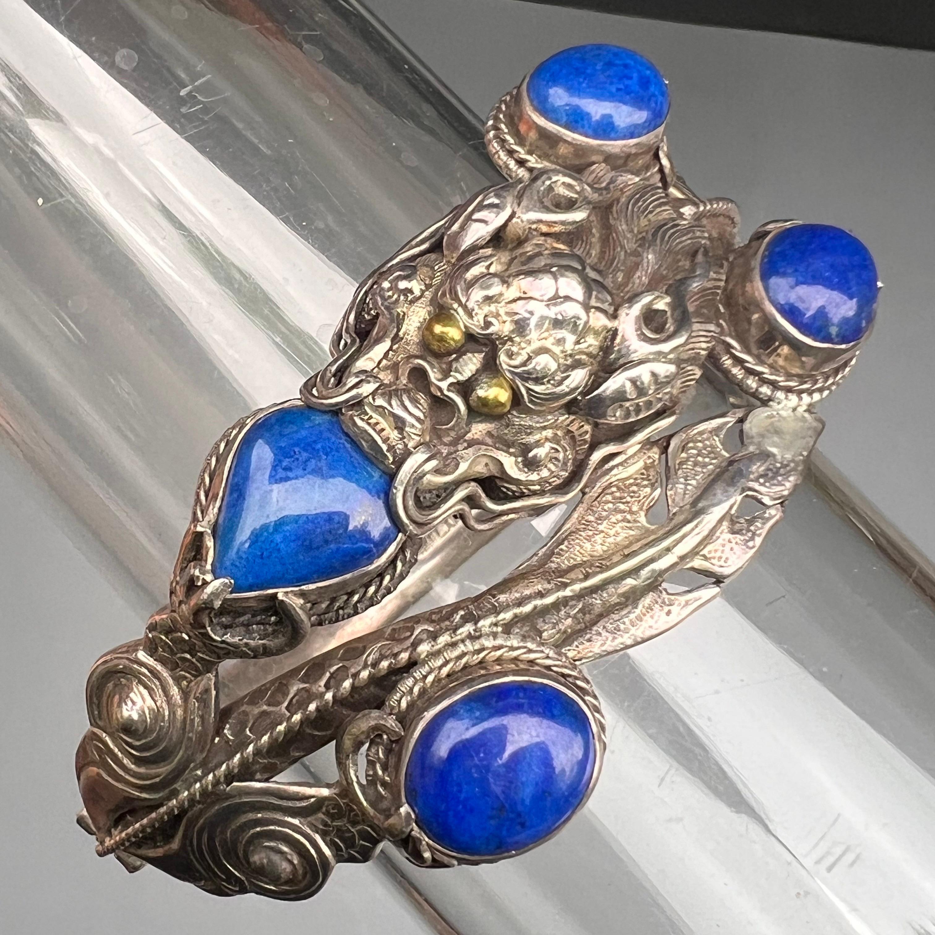 Women's or Men's Chinese Sterling silver Lapis Dragon Hinged  Bangle Bracelet  For Sale