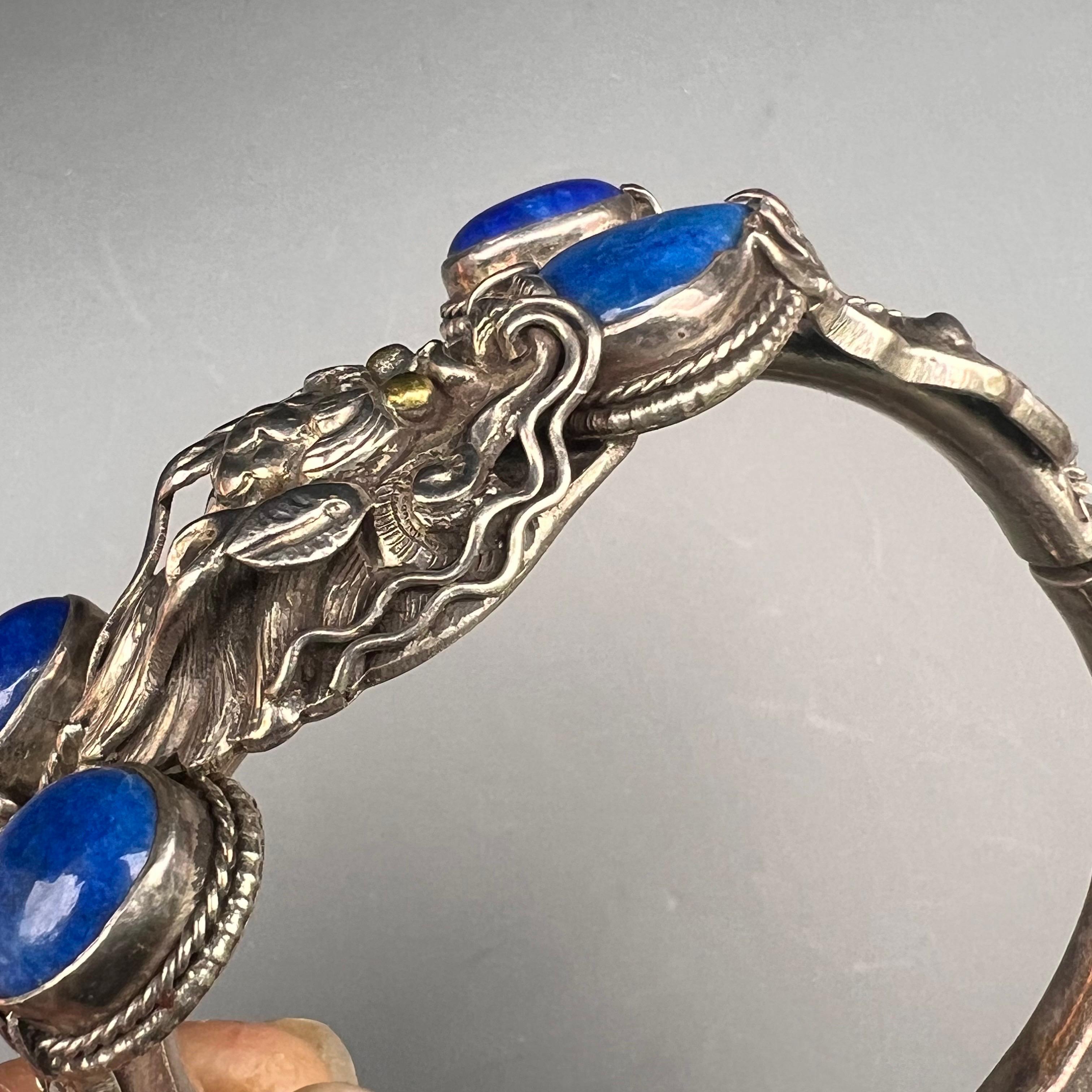 Chinese Sterling silver Lapis Dragon Hinged  Bangle Bracelet  For Sale 1