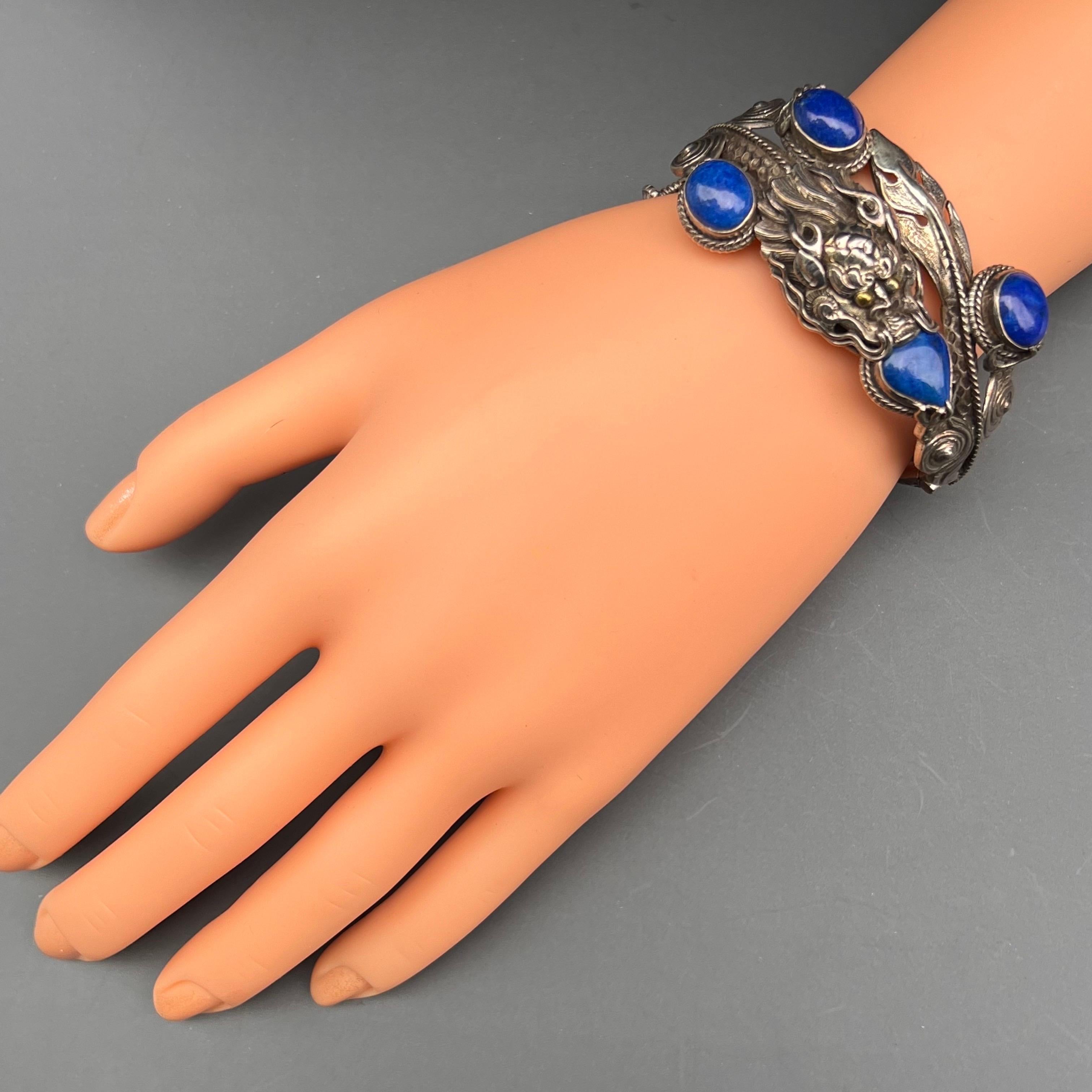 Chinese Sterling silver Lapis Dragon Hinged  Bangle Bracelet  For Sale 3