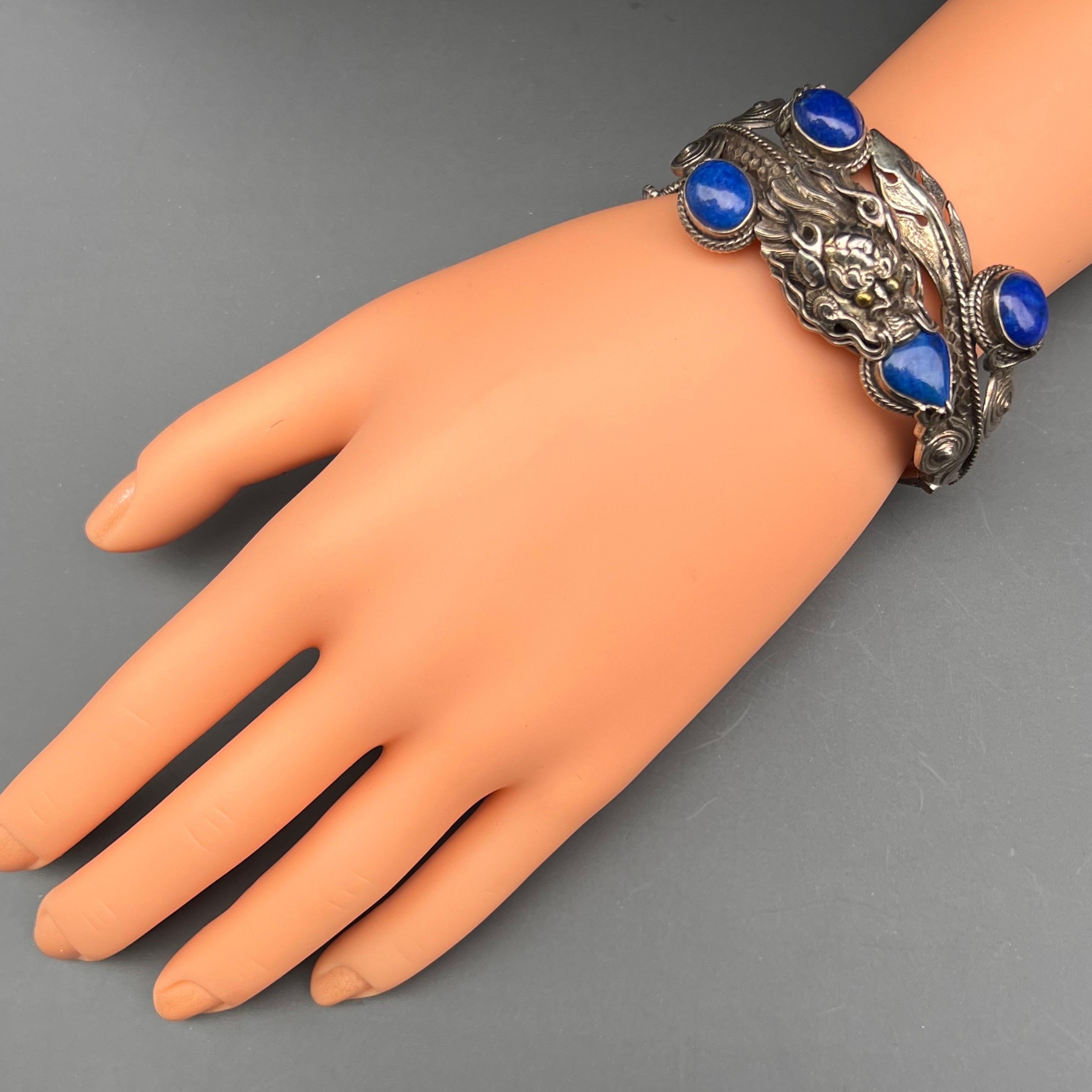 Chinesisch Sterling Silber Lapis Drache Scharnier  Armreif-Armband im Angebot 3