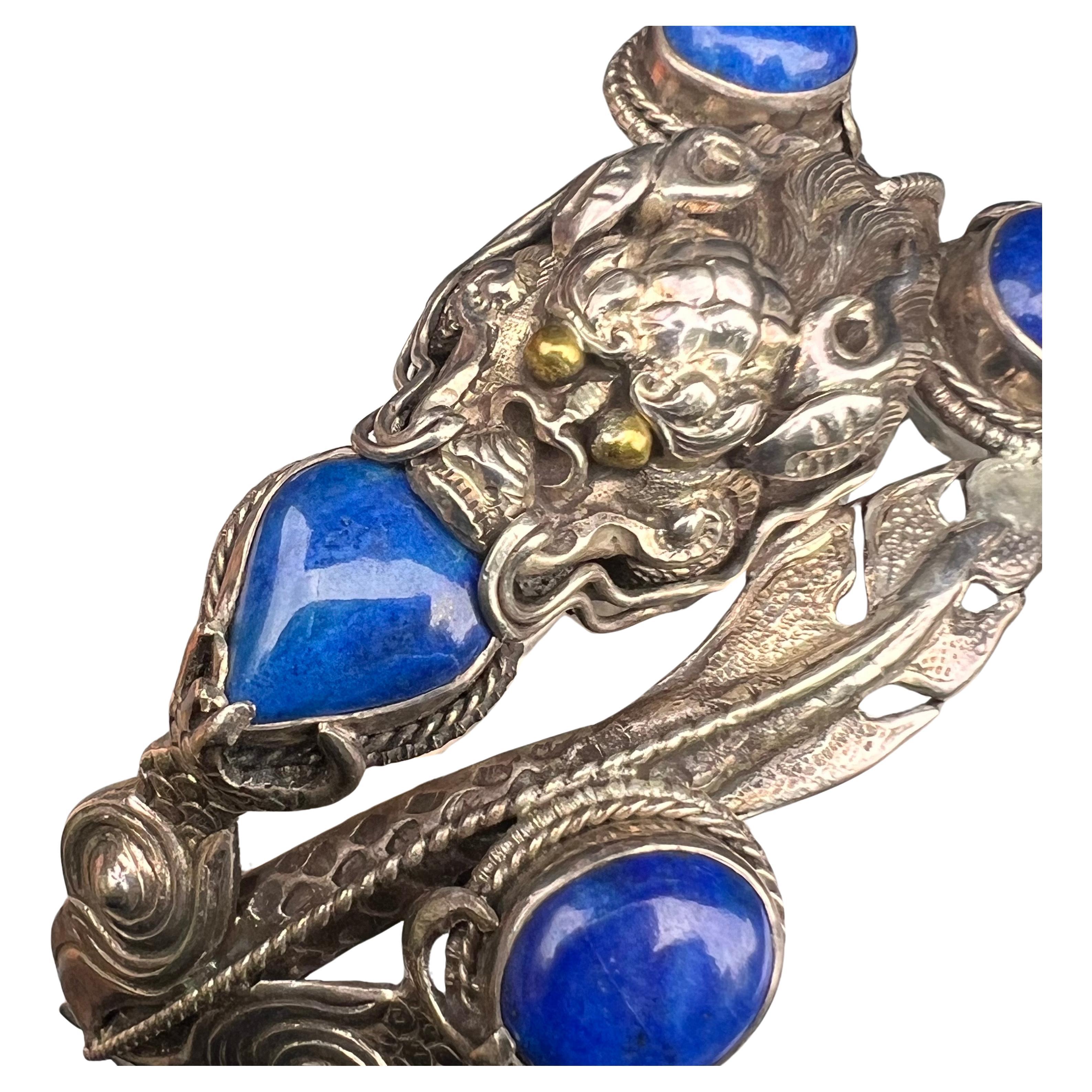 Chinese Sterling silver Lapis Dragon Hinged  Bangle Bracelet  For Sale