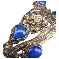 Vintage Chinese Sterling silver Lapis Dragon Hinged  Bangle Bracelet 