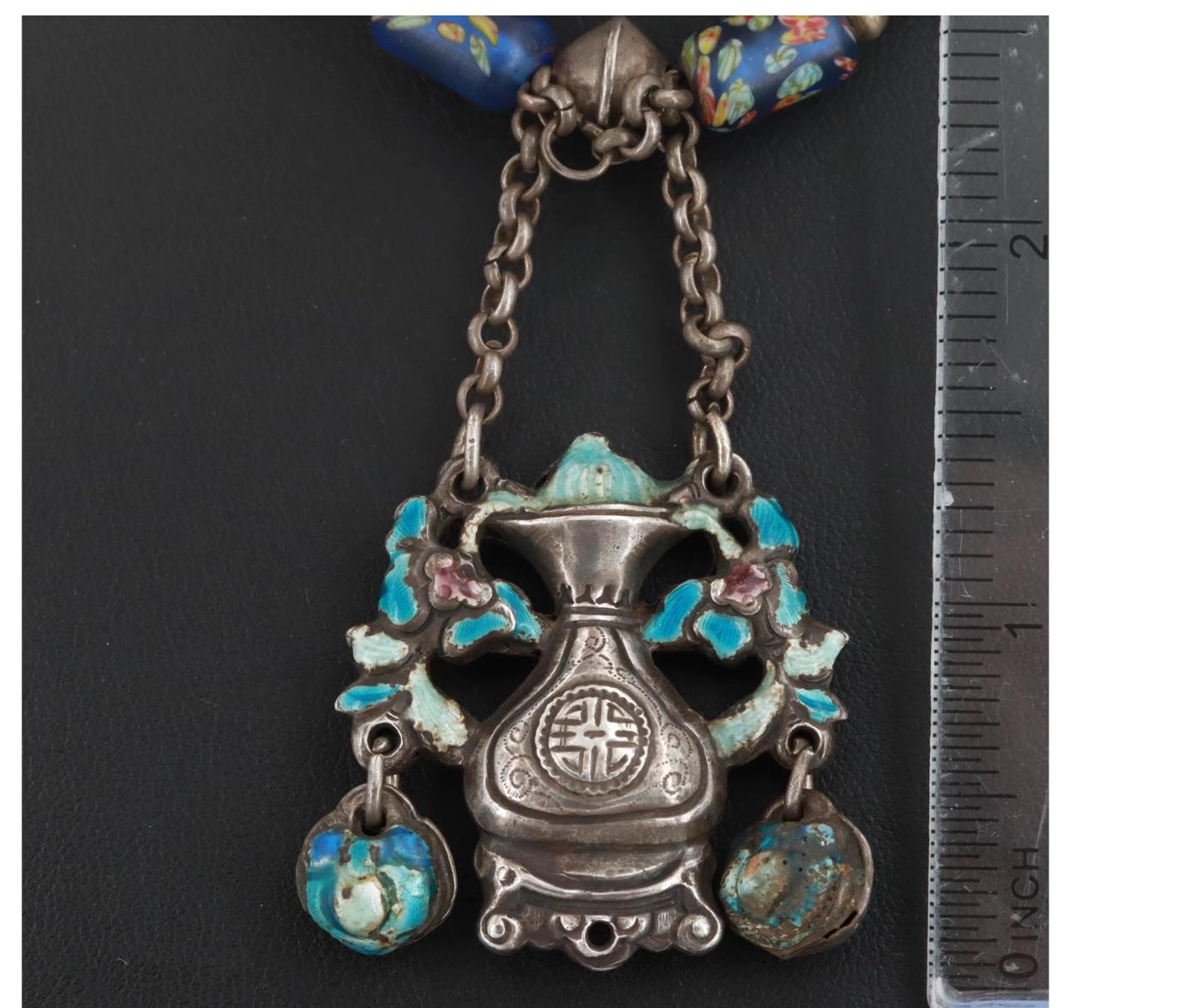 Chinese Sterling Silver Pendant Necklace-Rock Crystal Beaded Enamel-1900s For Sale 1