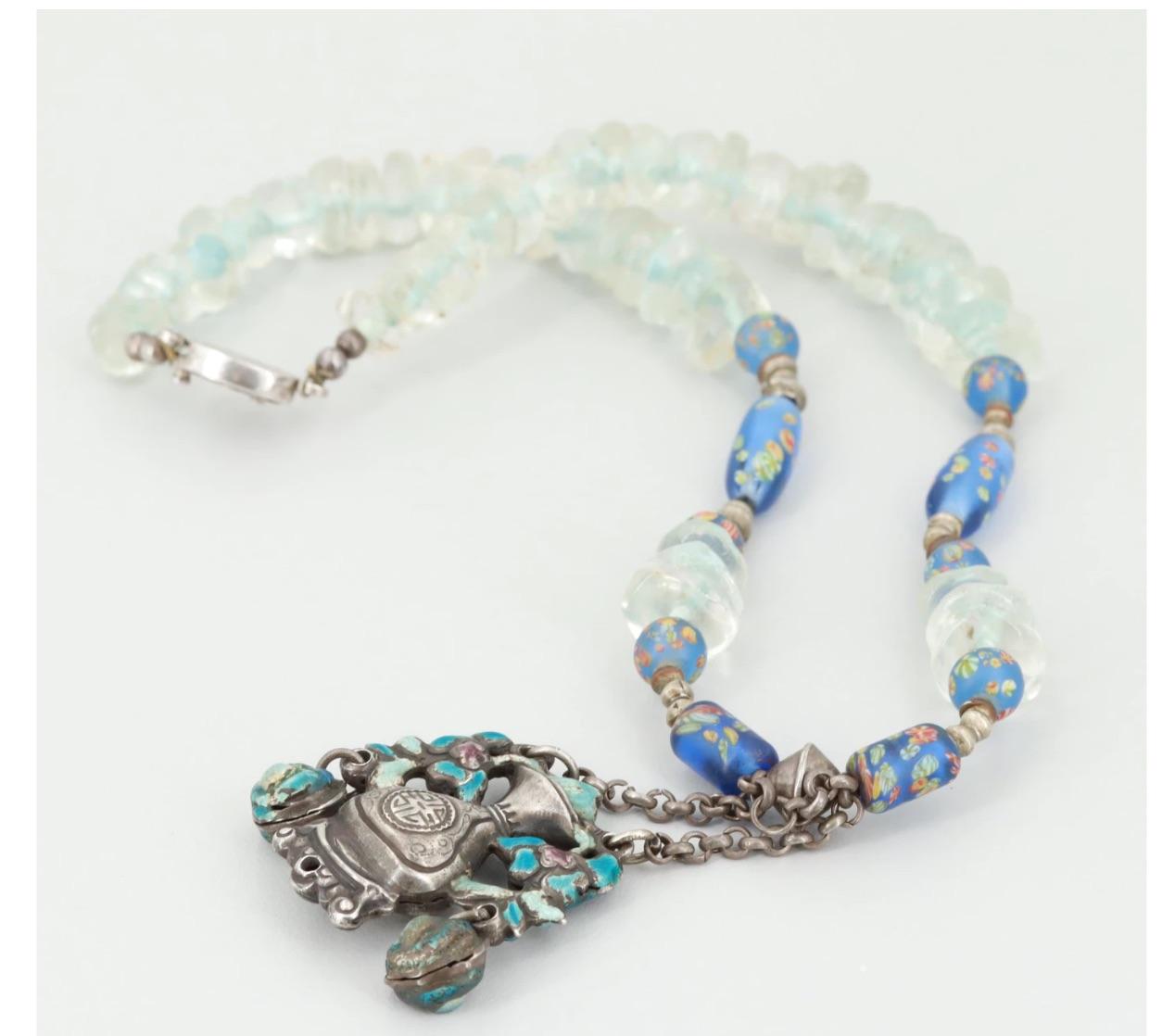 Chinese Sterling Silver Pendant Necklace-Rock Crystal Beaded Enamel-1900s For Sale 3