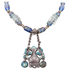 Antique Chinese Sterling Silver Pendant Necklace-Rock Crystal Beaded Enamel-1900s