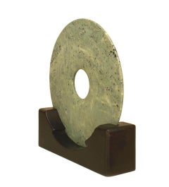 Chinese Stone Bi Discs on Wooden Stands