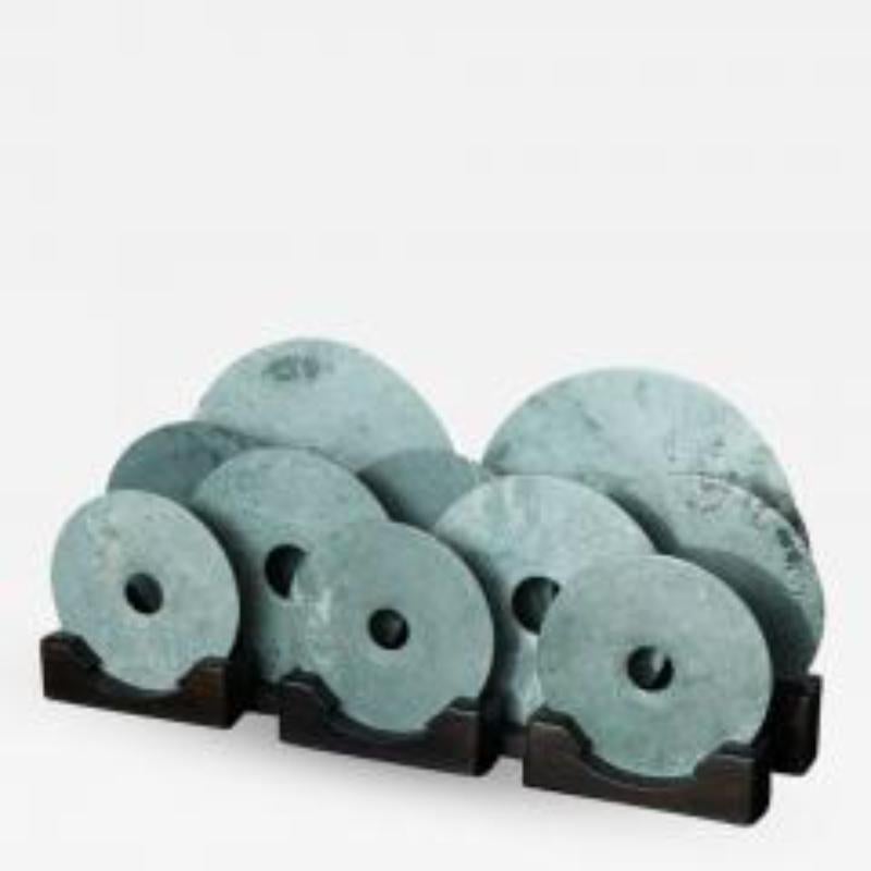 Hand-Crafted Chinese Stone Bi Discs on Wooden Stands For Sale