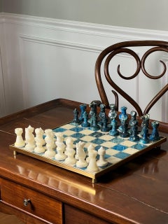 Chinese Stone Chess Set on Brass Framed and Footed Board in Blue and White, 1960