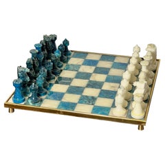 Chinese Stone Chess Set on Brass Framed and Footed Board in Blue and White, 1960