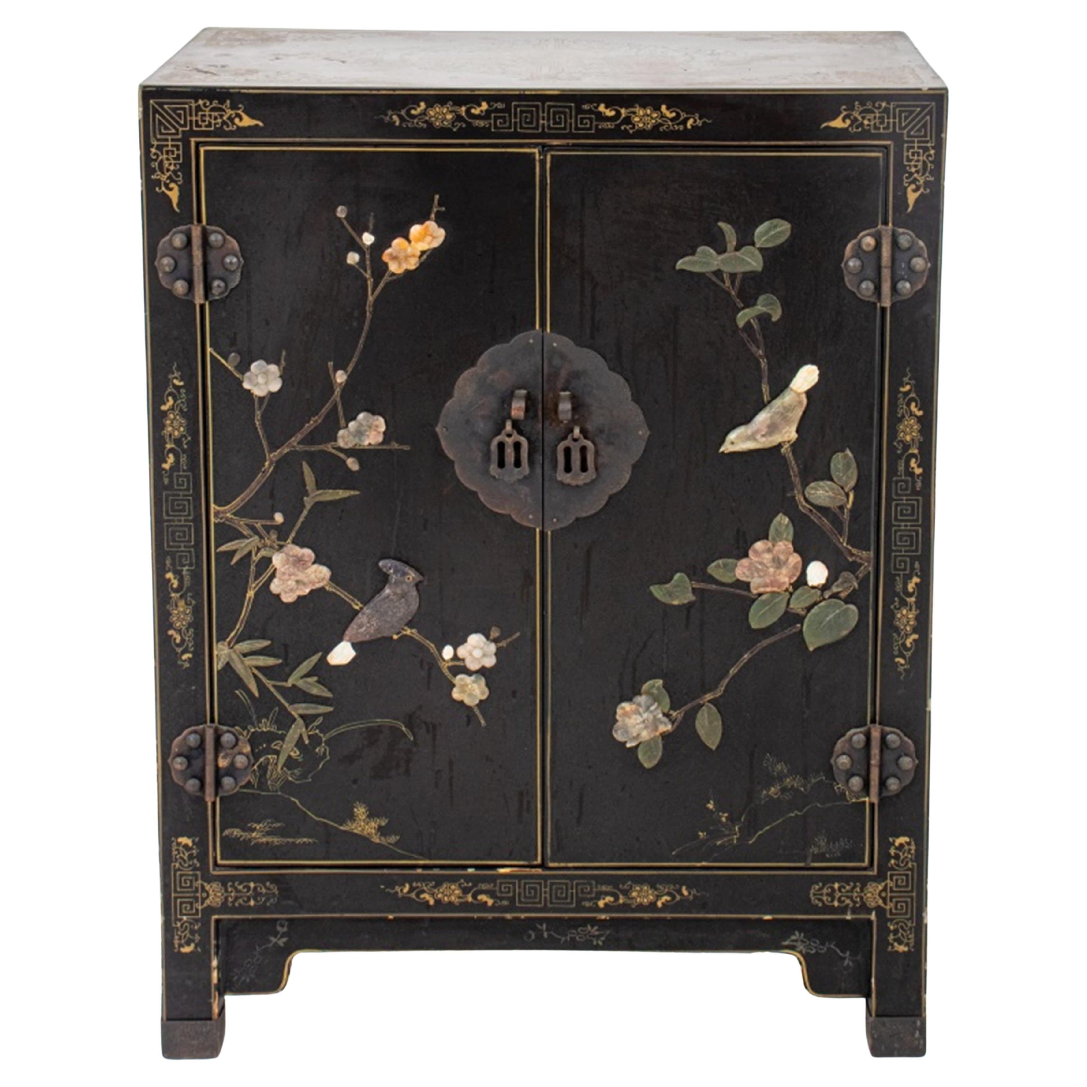 Chinese Stone Inlaid Black Lacquer Cabinet