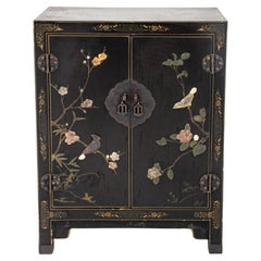 Vintage Chinese Stone Inlaid Black Lacquer Cabinet