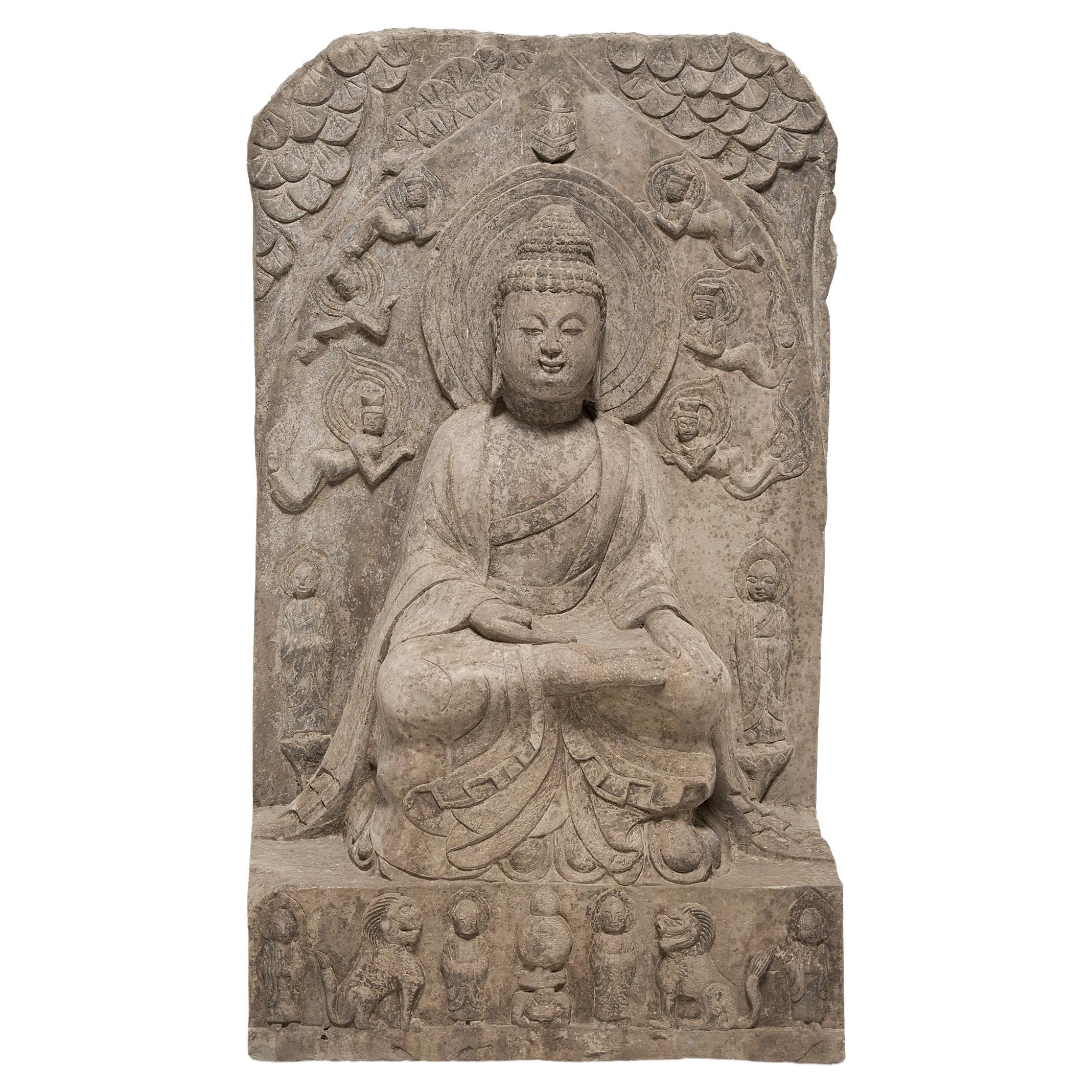 Chinesischer sitzender Shakyamuni-Buddha-Stele aus Stein, um 1850