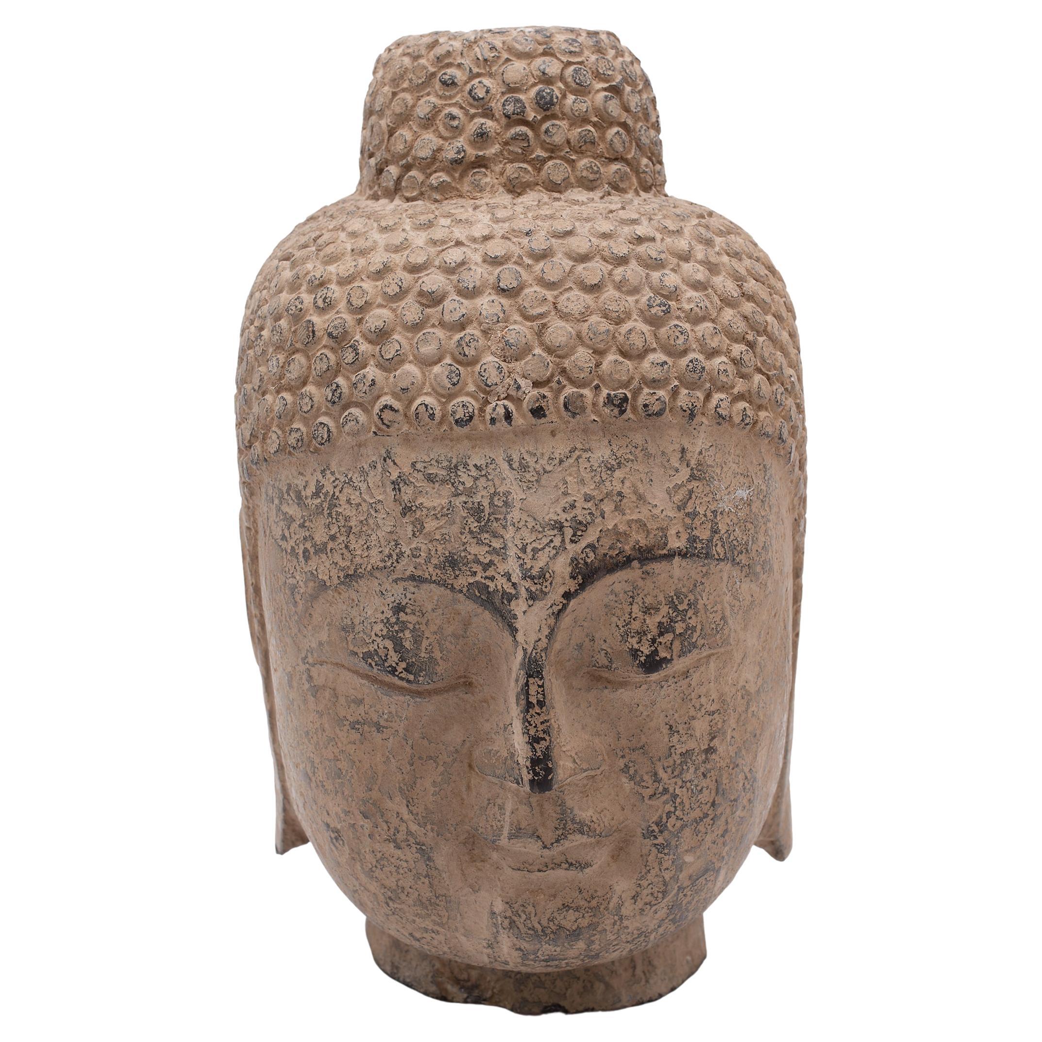 Chinesischer Buddha-Kopf aus Stein mit Shakyamuni-Muster im Angebot