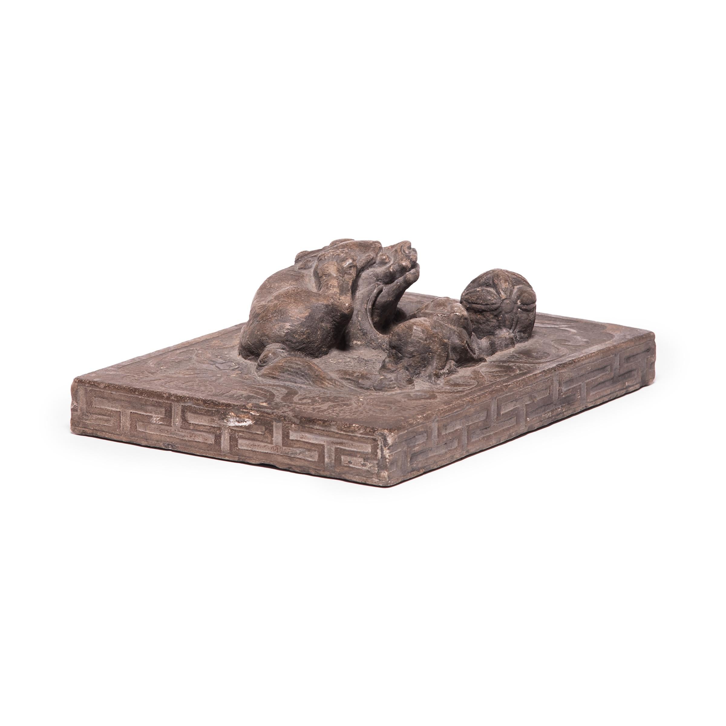 Hand-Carved Chinese Stone Shoemaker's Weight with Mother, Cub, and Embroidered Ball For Sale