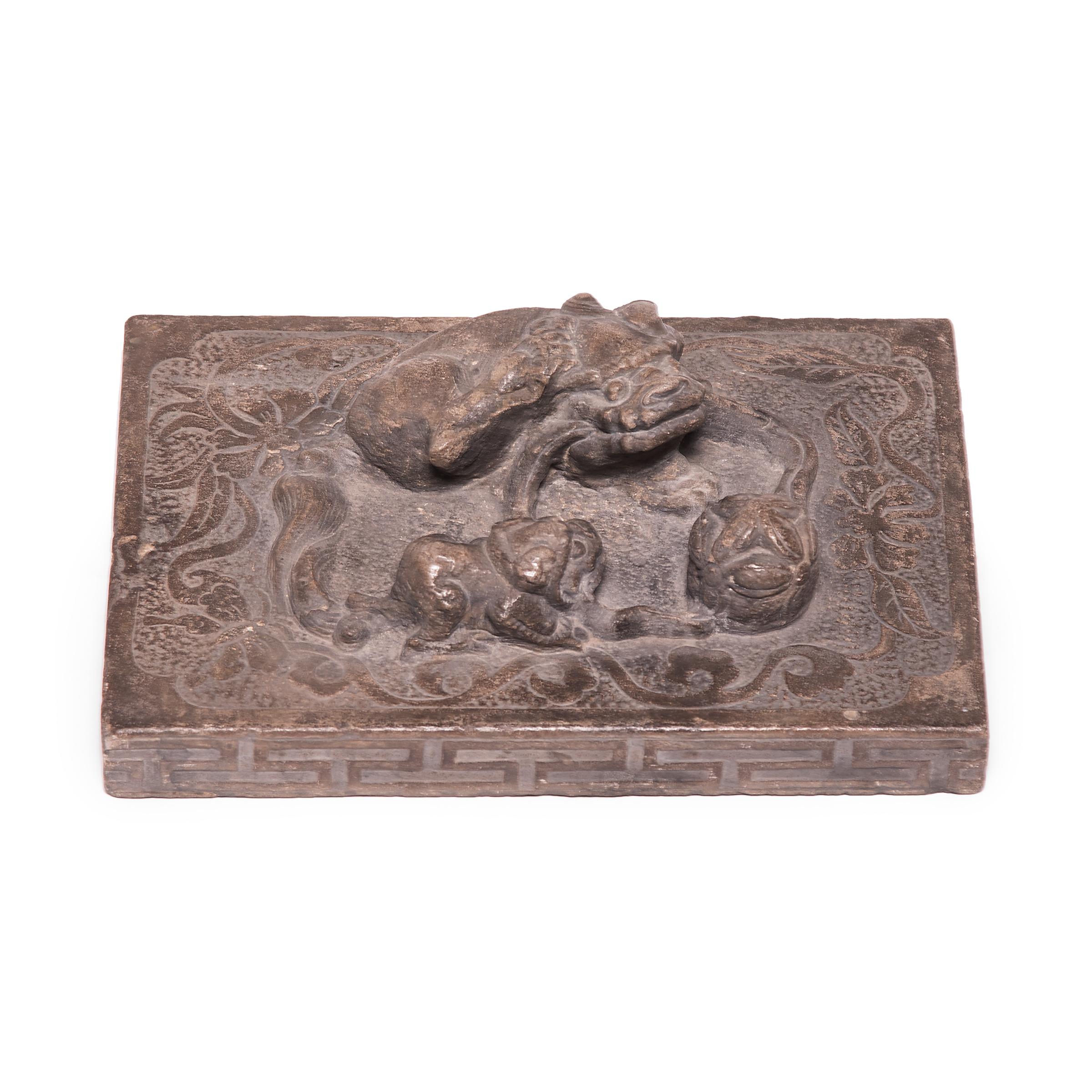 Chinese Stone Shoemaker's Weight with Mother, Cub, and Embroidered Ball For Sale