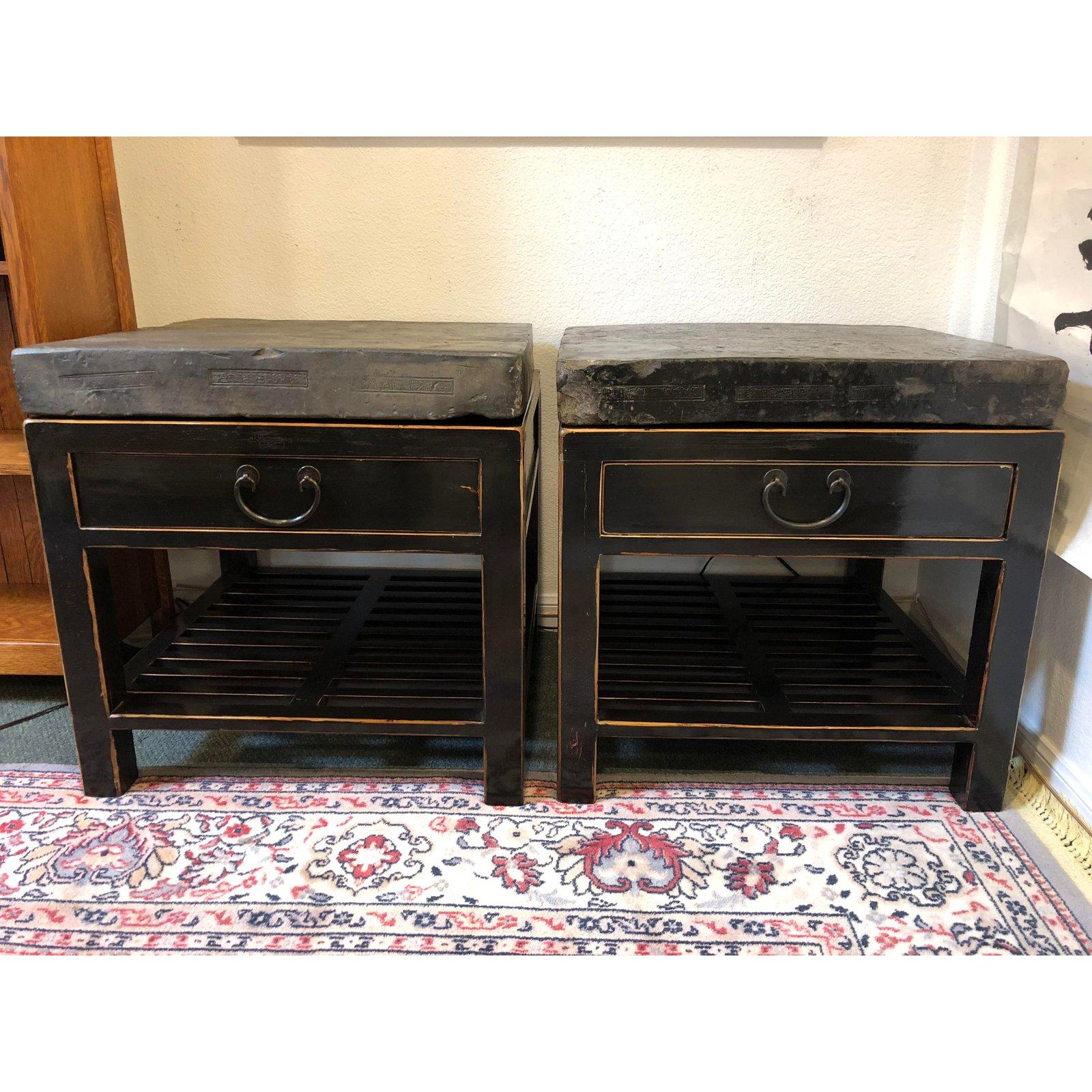 Chinese Stone Top Side Tables or Nightstands, a Pair 2