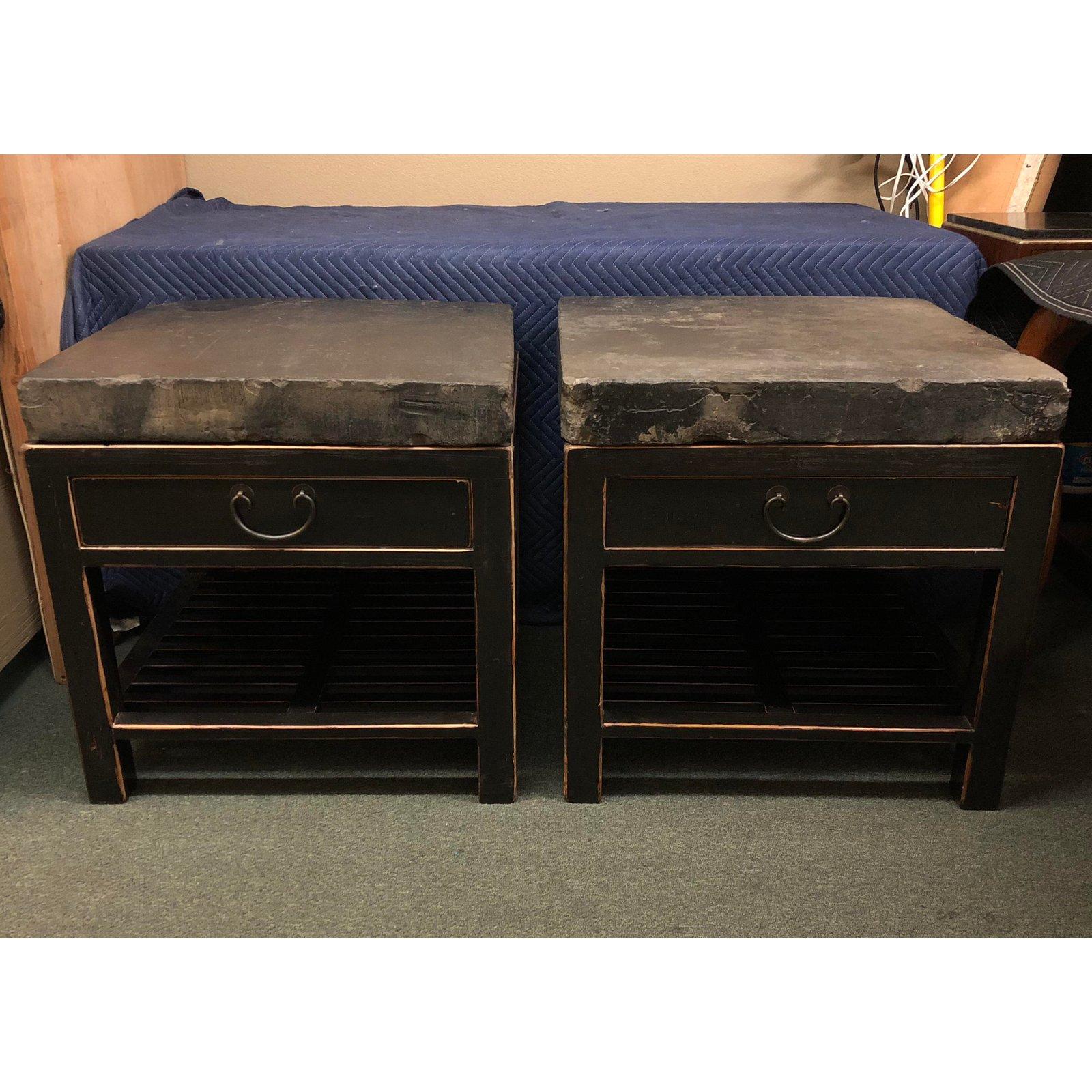 Chinese Stone Top Side Tables or Nightstands, a Pair 3