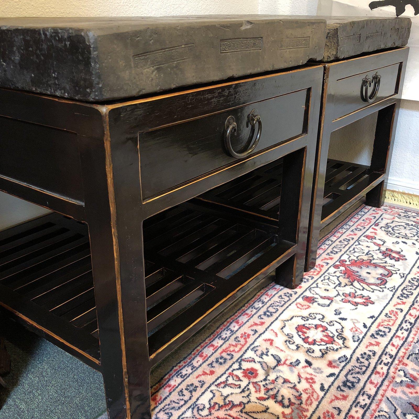 Chinese Stone Top Side Tables or Nightstands, a Pair 4