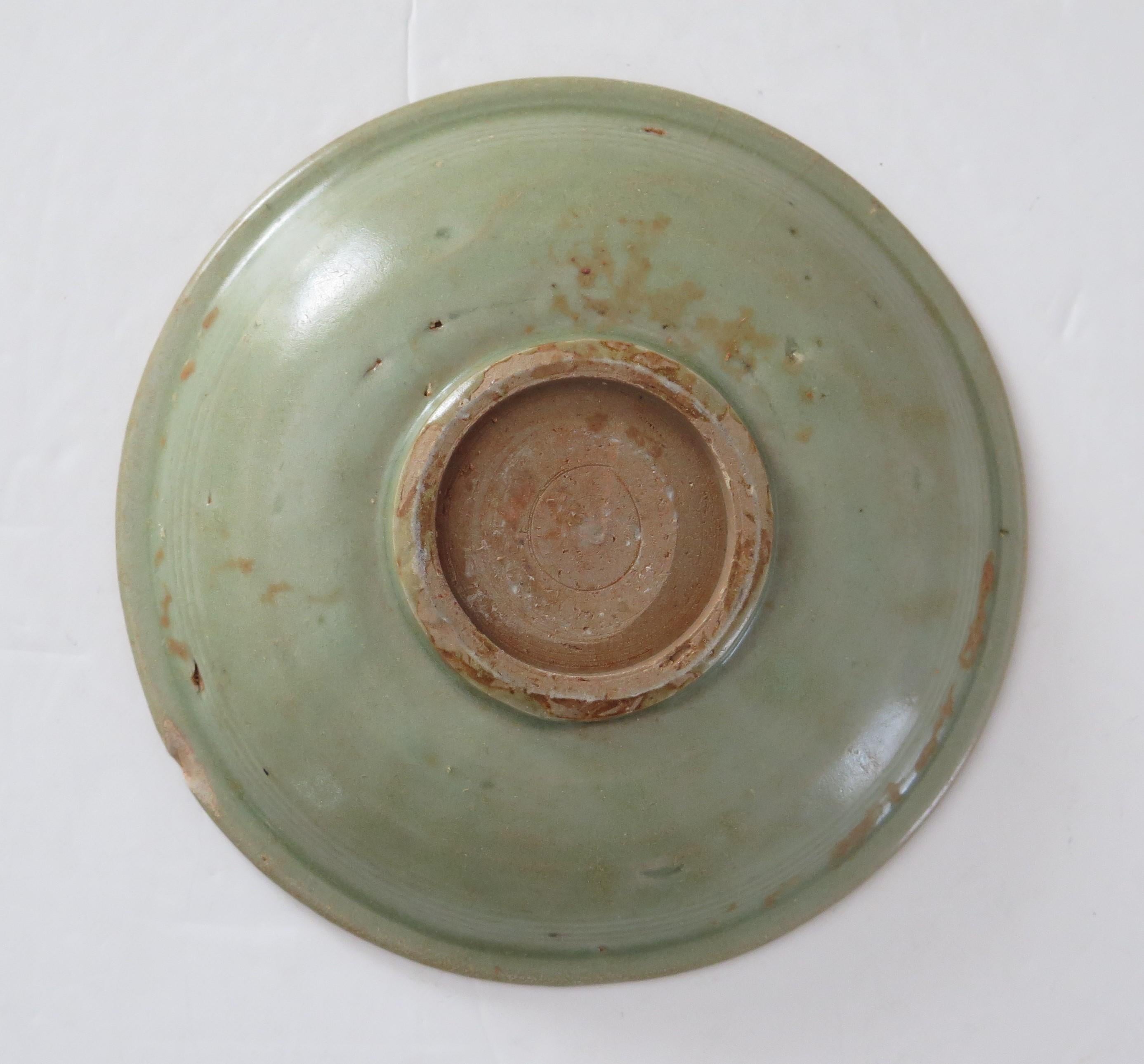 18th Century and Earlier Chinese Stoneware Bowl or Dish Longquan Celadon Incised, Yuan Dynasty 1271-1368 For Sale