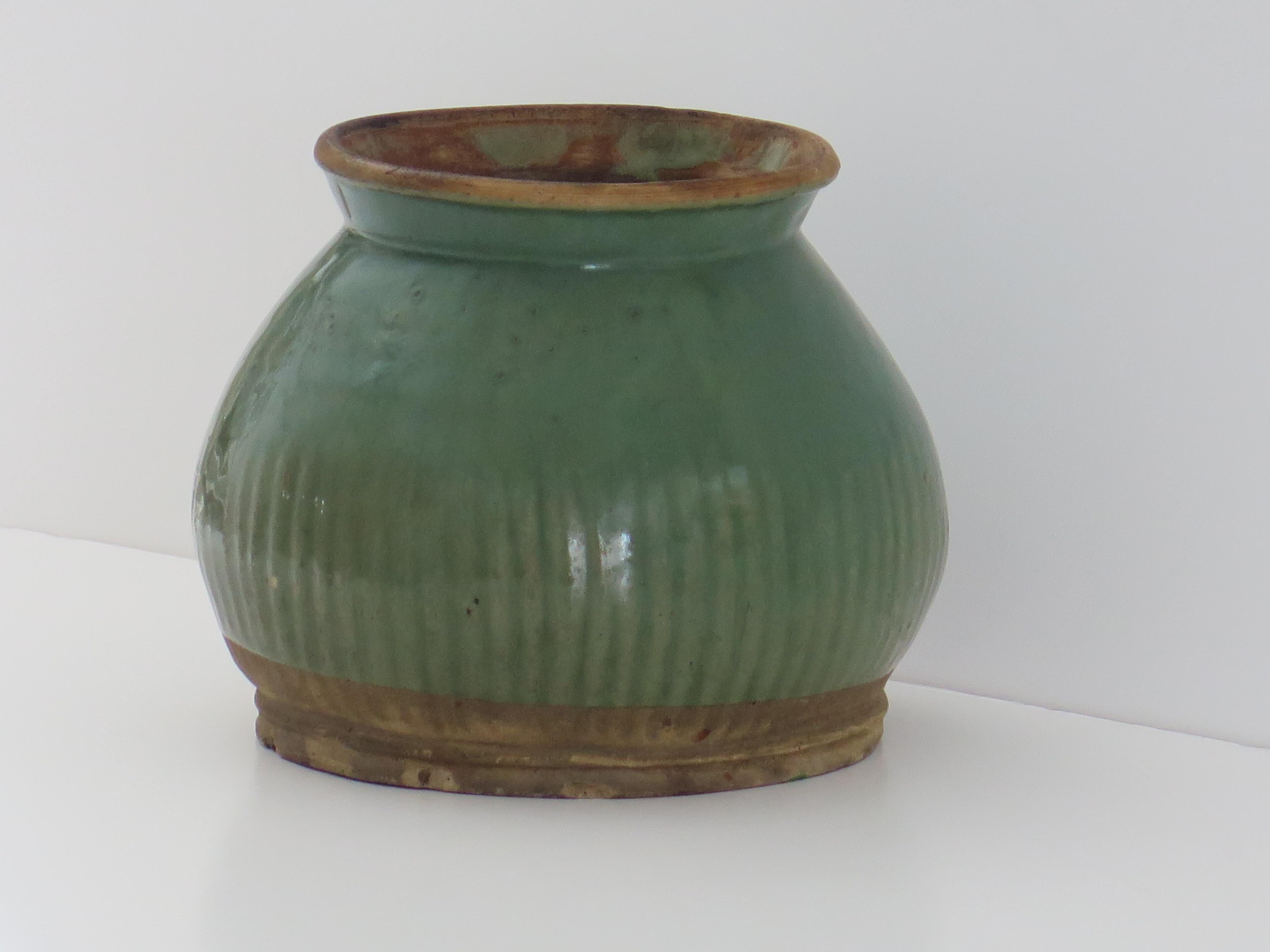 18th Century and Earlier Chinese Stoneware Jar Celadon fluted detail, Ming Dynasty 14th to 16th Century For Sale
