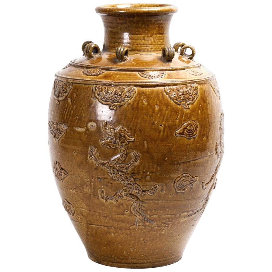 Chinese Stoneware Storage Martaban Jars with Dragon Relief
