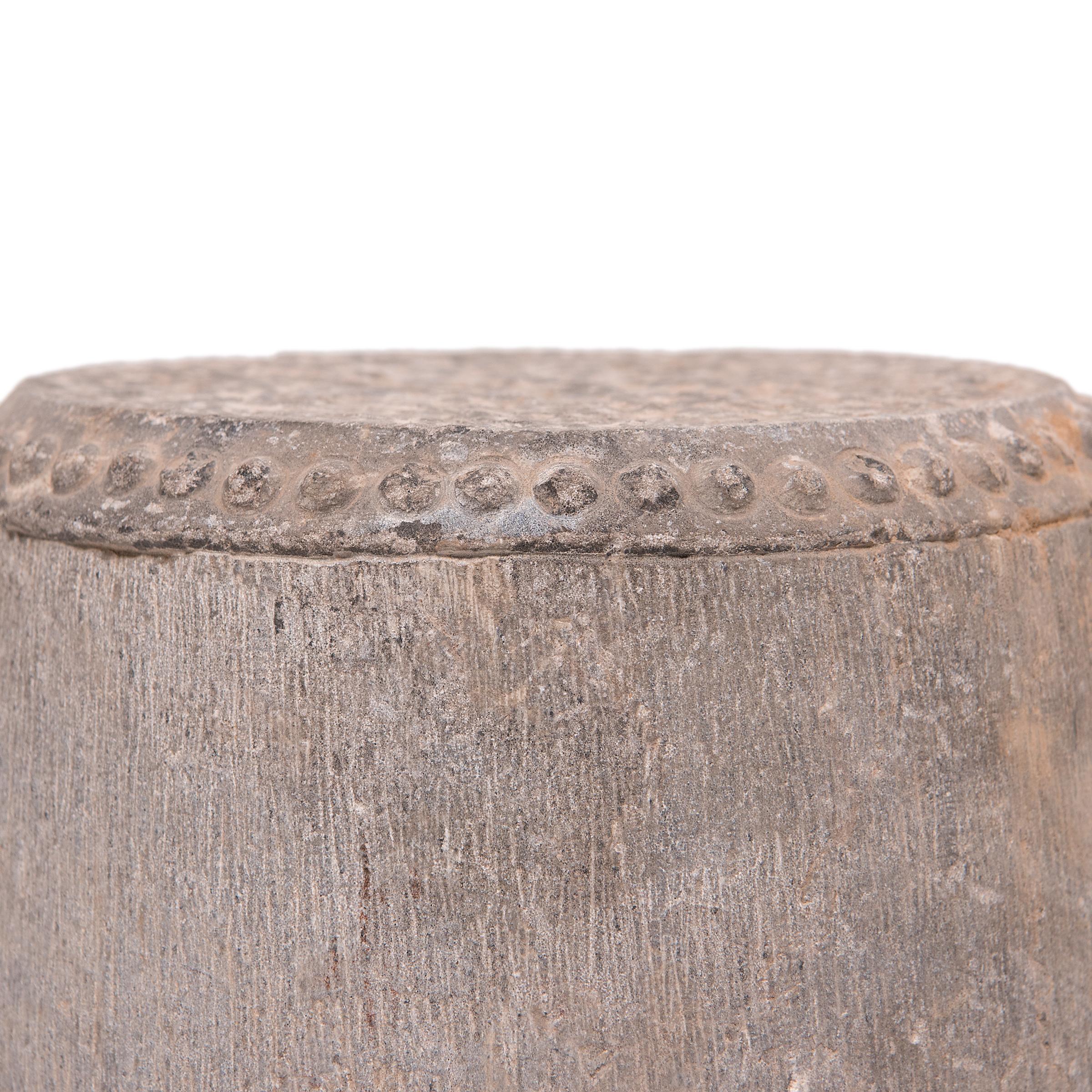 Carved Chinese Studded Stone Drum Stool