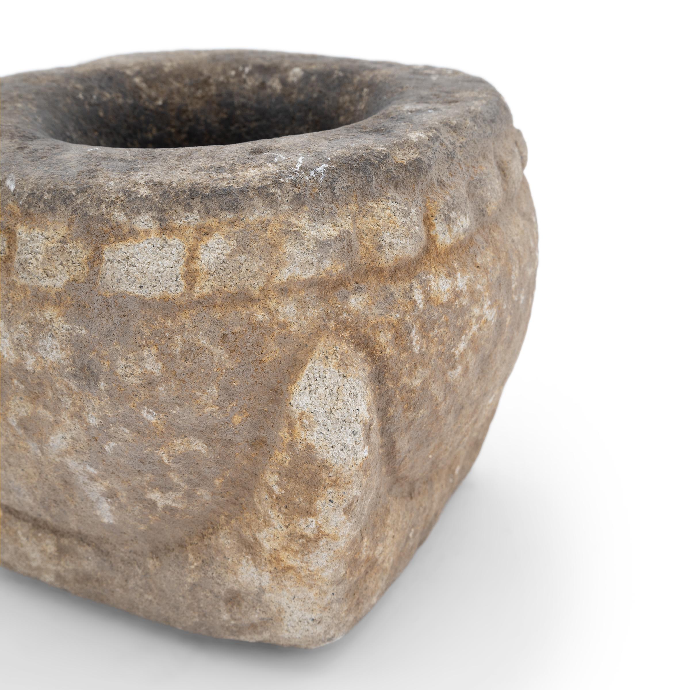 Hand-Carved Chinese Studded Stone Mortar, c. 1900 For Sale