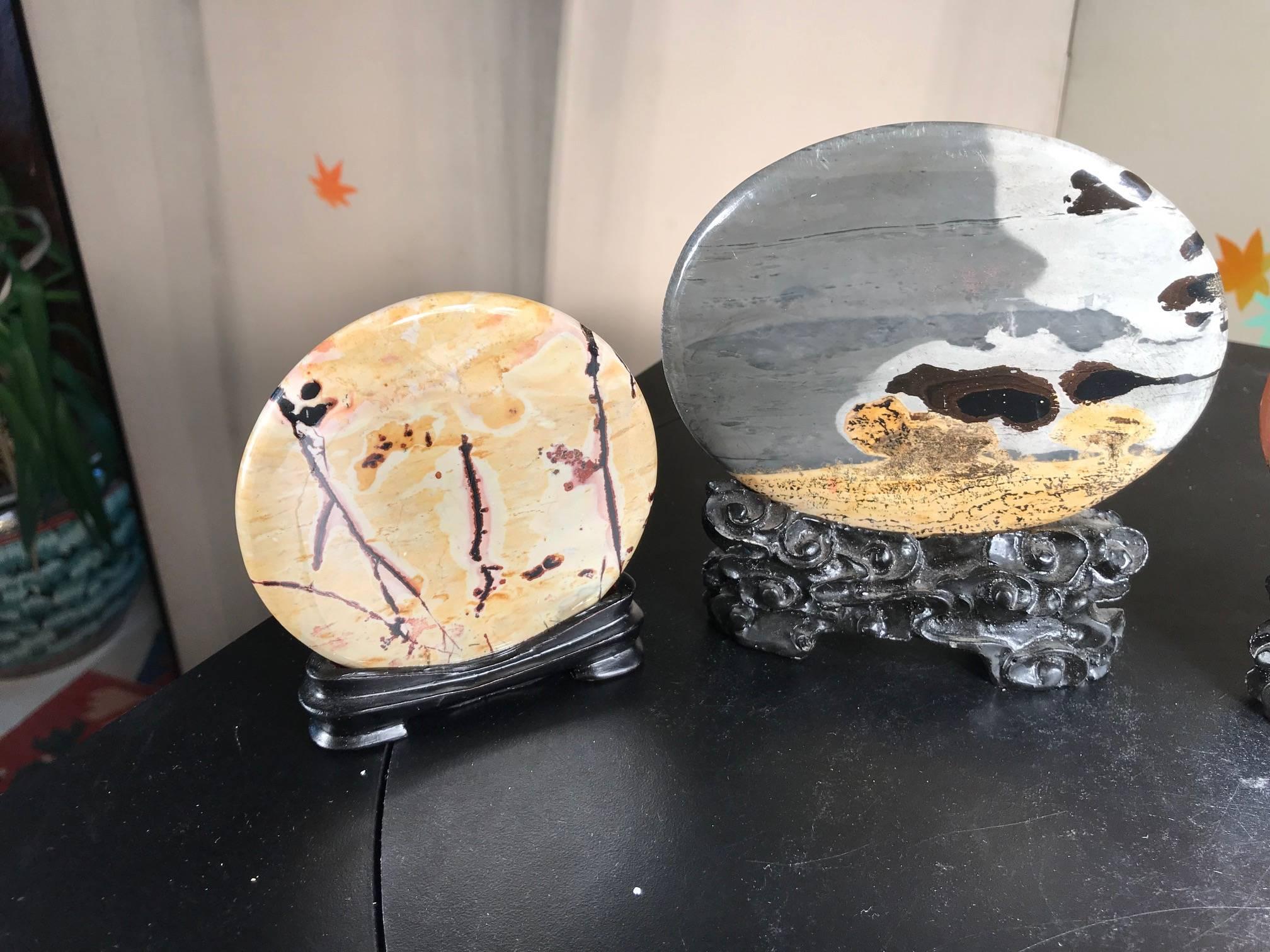 This foursome (4) of Chinese extraordinary natural round viewing stones from China are completely natural stones that simply take your breath away!

Found in Southern China, they are also known as a painting stones Guo Hua as the Chinese believe