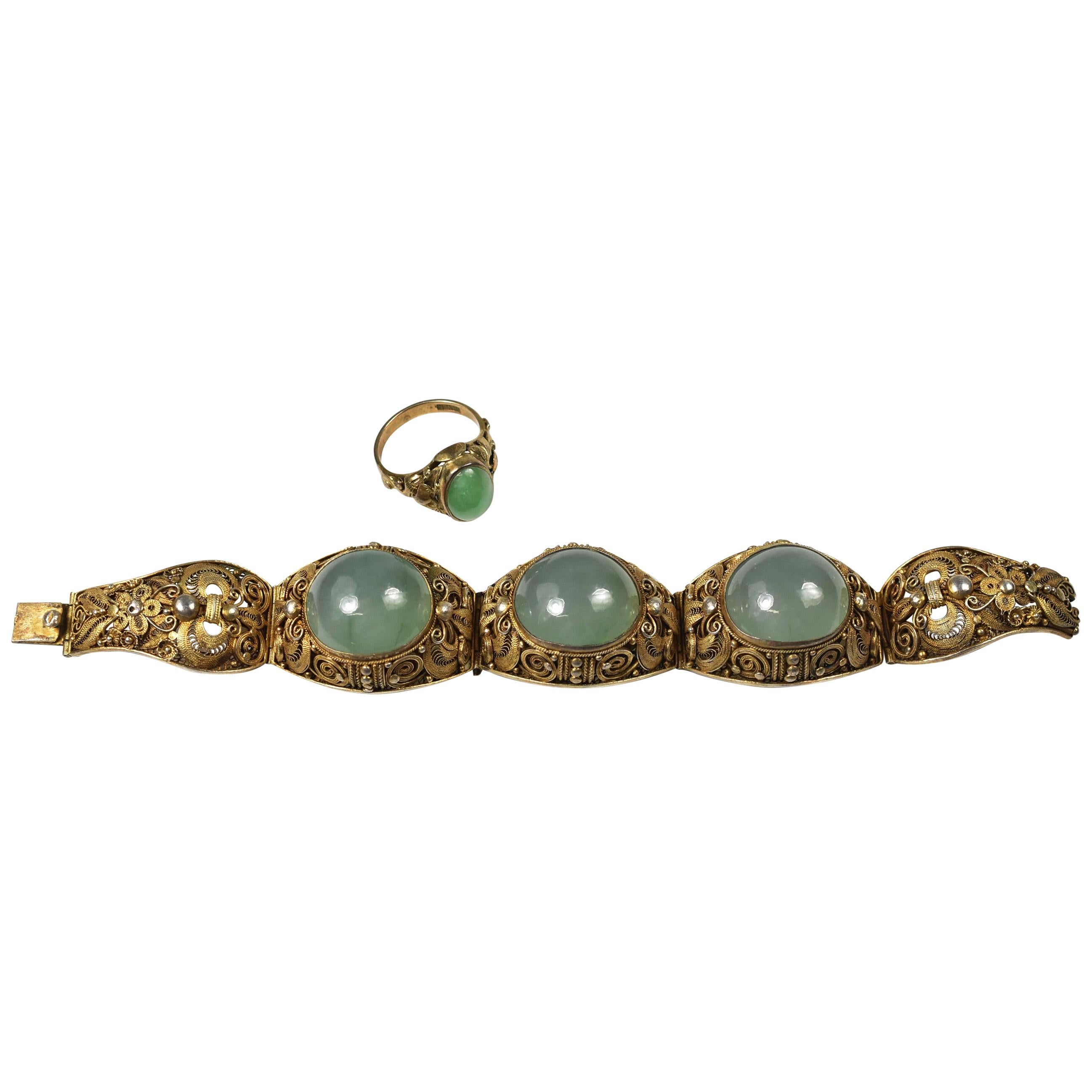 Chinese Style 835 Silver Gold Vermeil Filigree Bracelet&Ring with Jade Cabochons