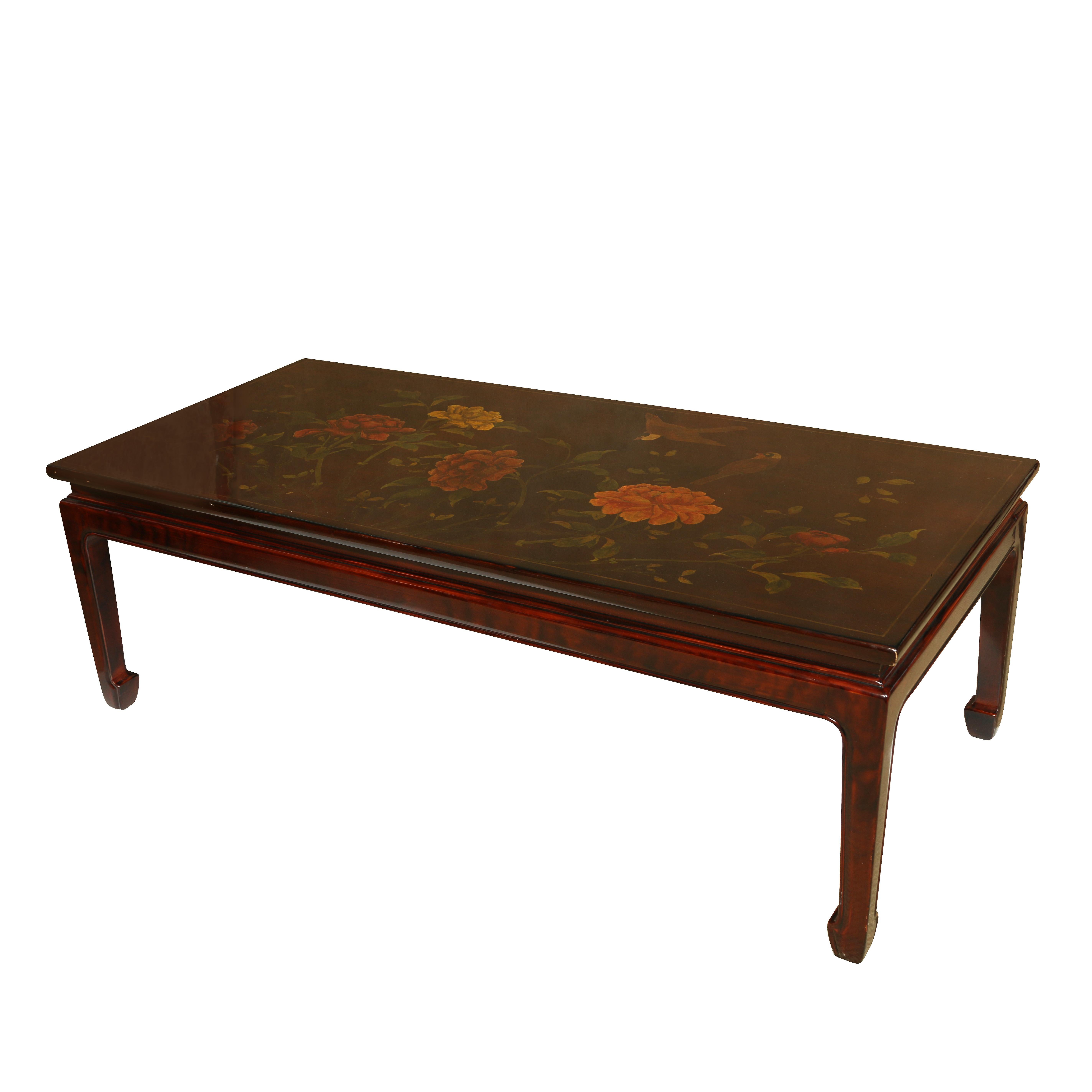 GRACIE Chinese style coffee table with floral and bird decoration.