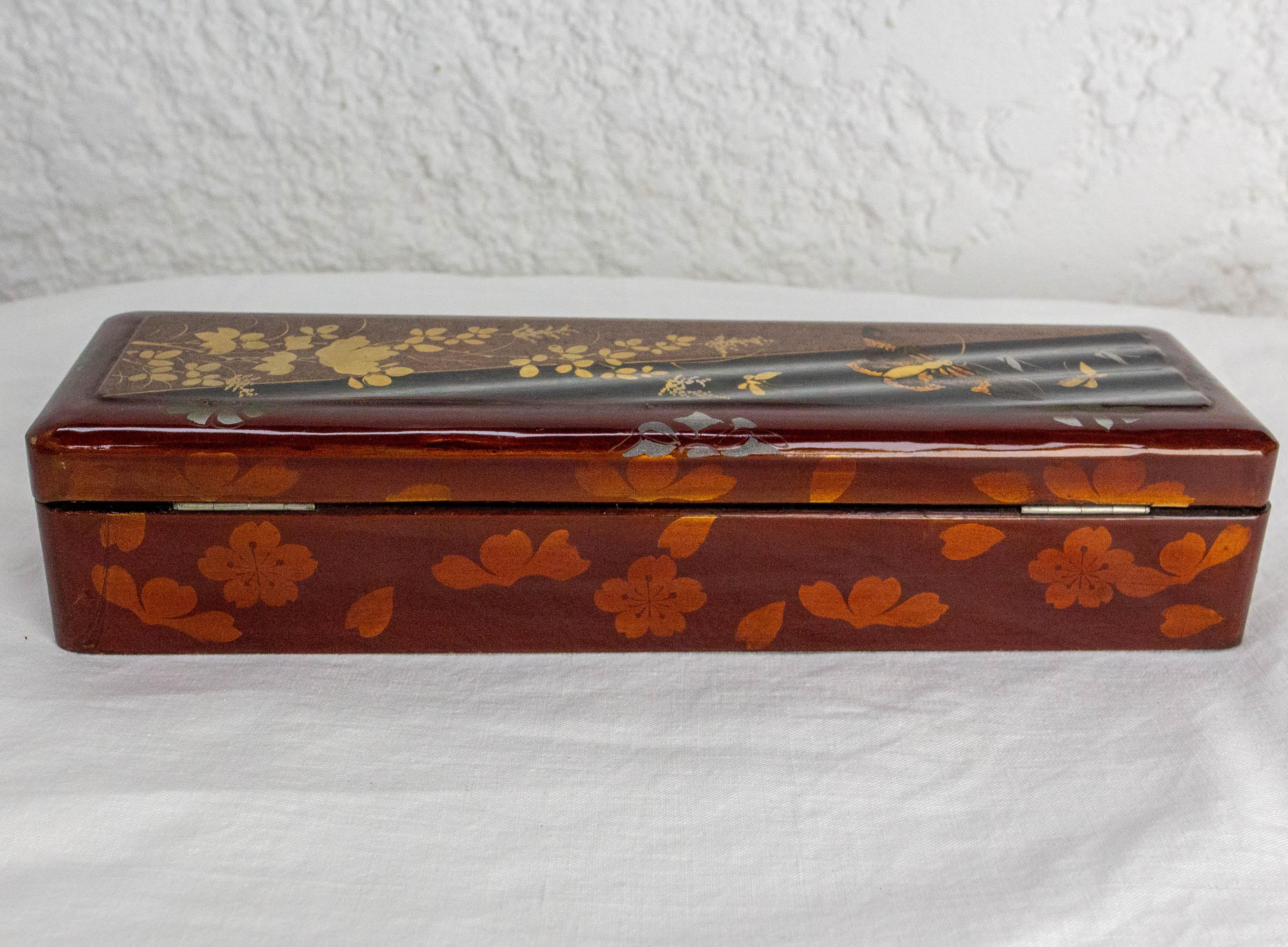 Mid-20th Century Chinese Style Lacquered Brush or Pencil Box Painted Butterfly, circa 1940 For Sale