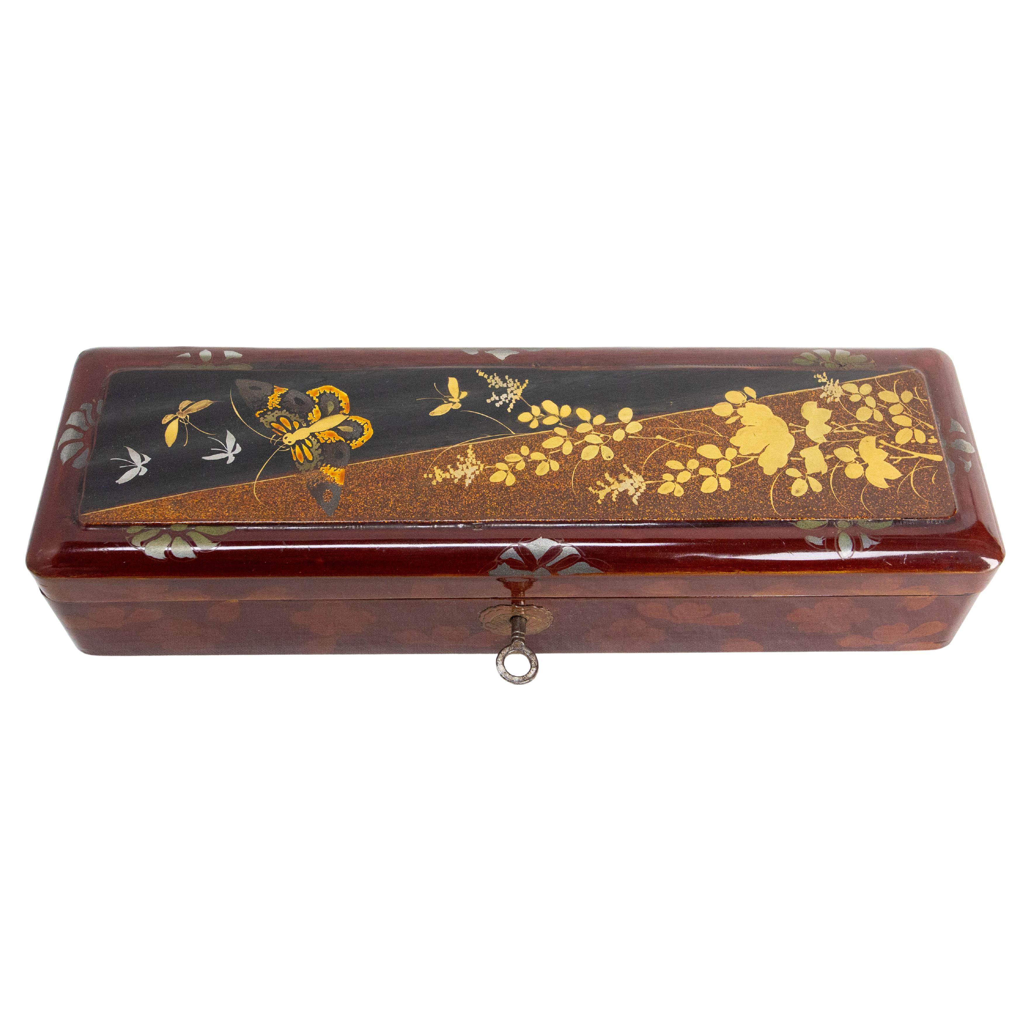 Chinese Style Lacquered Brush or Pencil Box Painted Butterfly, circa 1940 For Sale