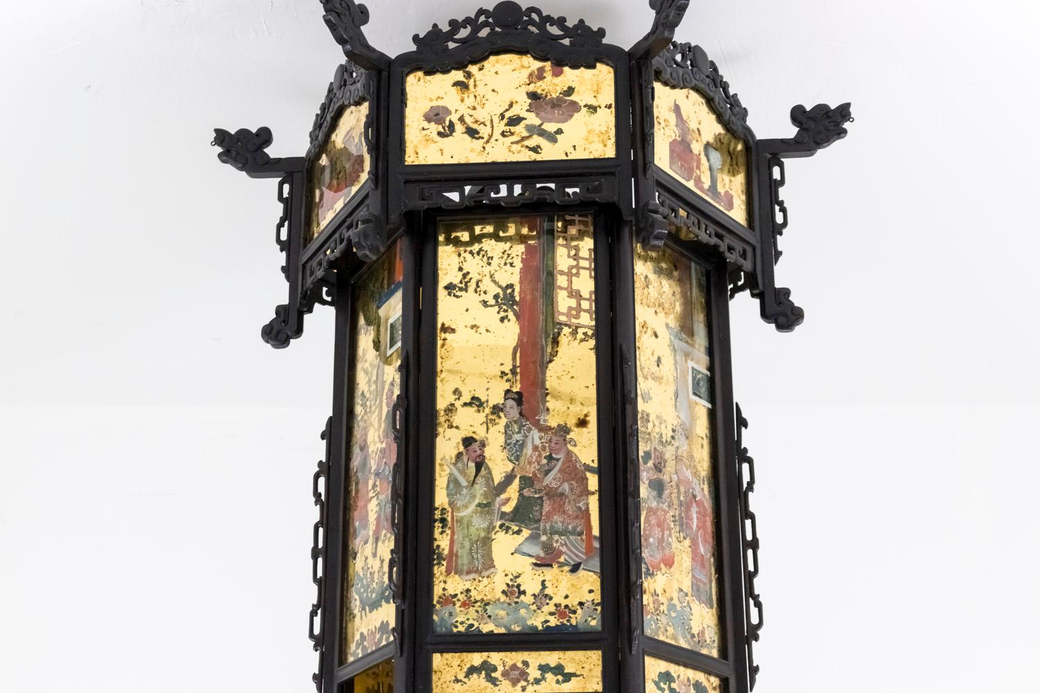 French Chinese Style Lantern in Wood and Églomisé Glass, Napoleon III Period
