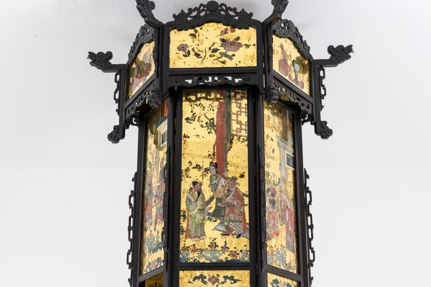 Gilt Chinese Style Lantern in Wood and Églomisé Glass, Napoleon III Period