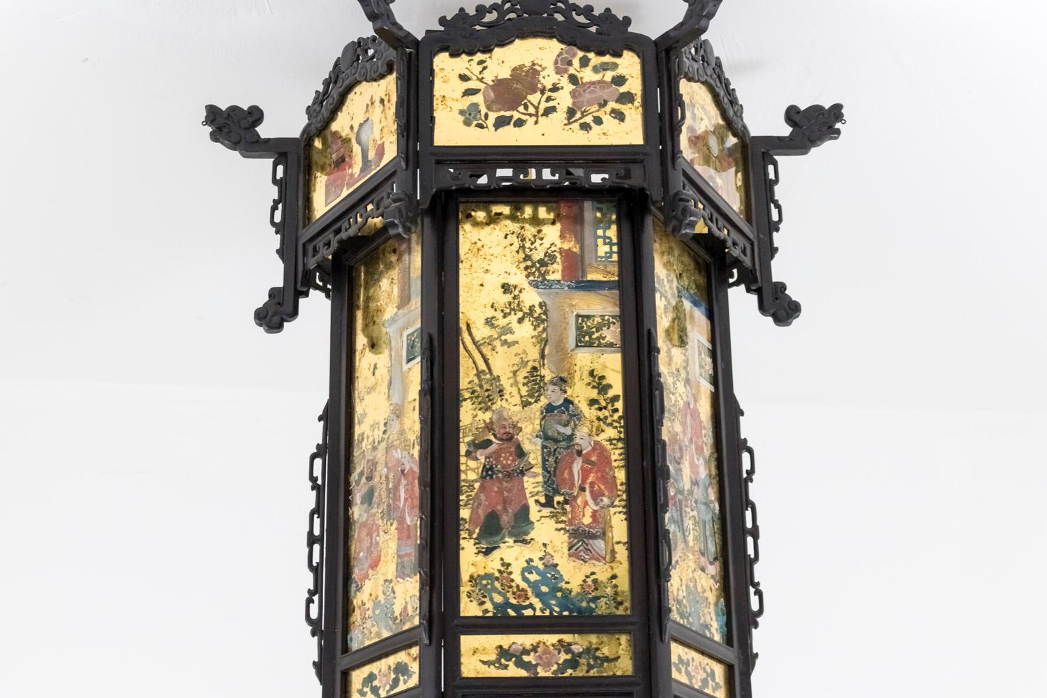 19th Century Chinese Style Lantern in Wood and Églomisé Glass, Napoleon III Period